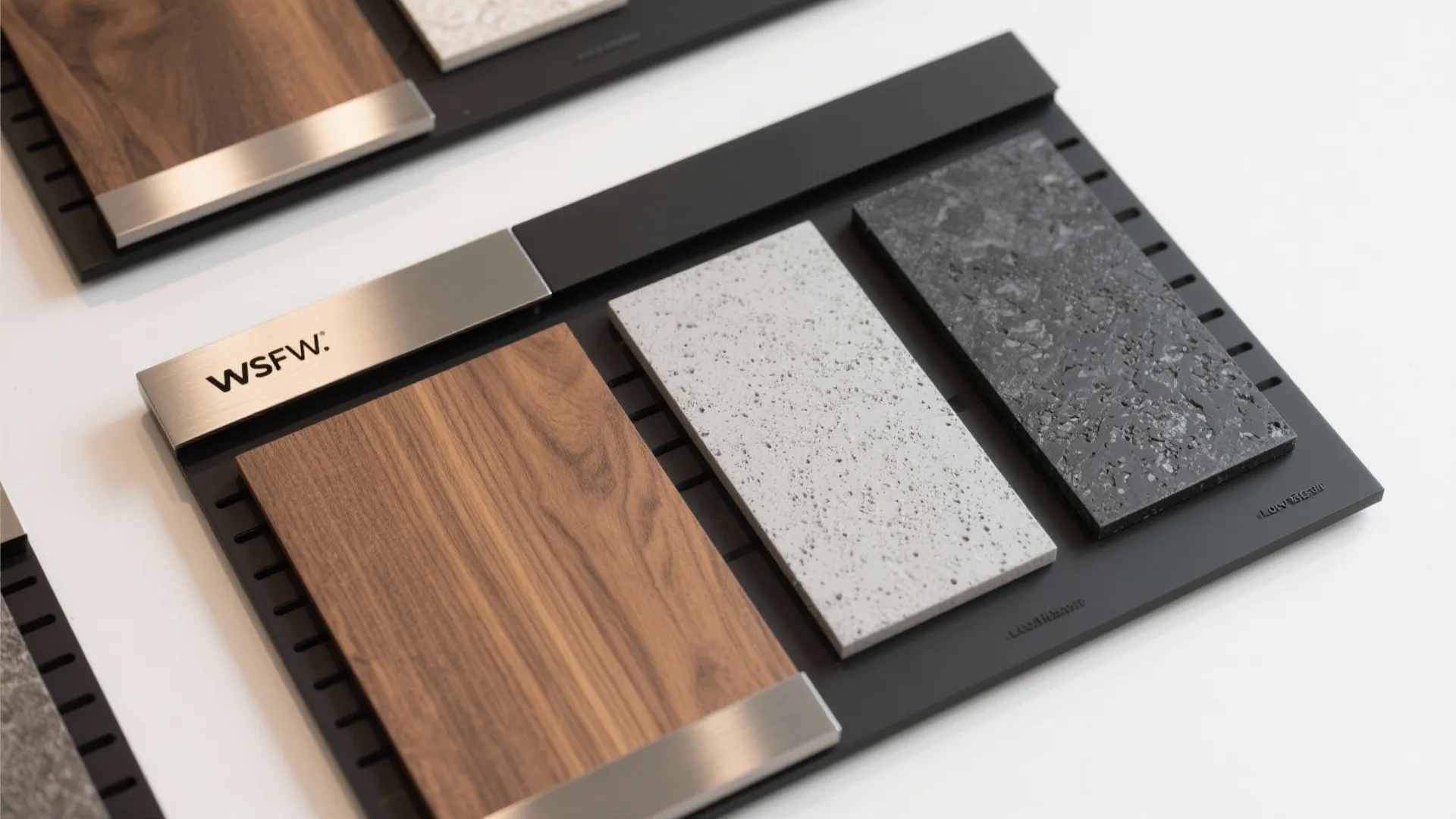 Material board showing wood panel, light grey stone, and dark grey stone samples for home