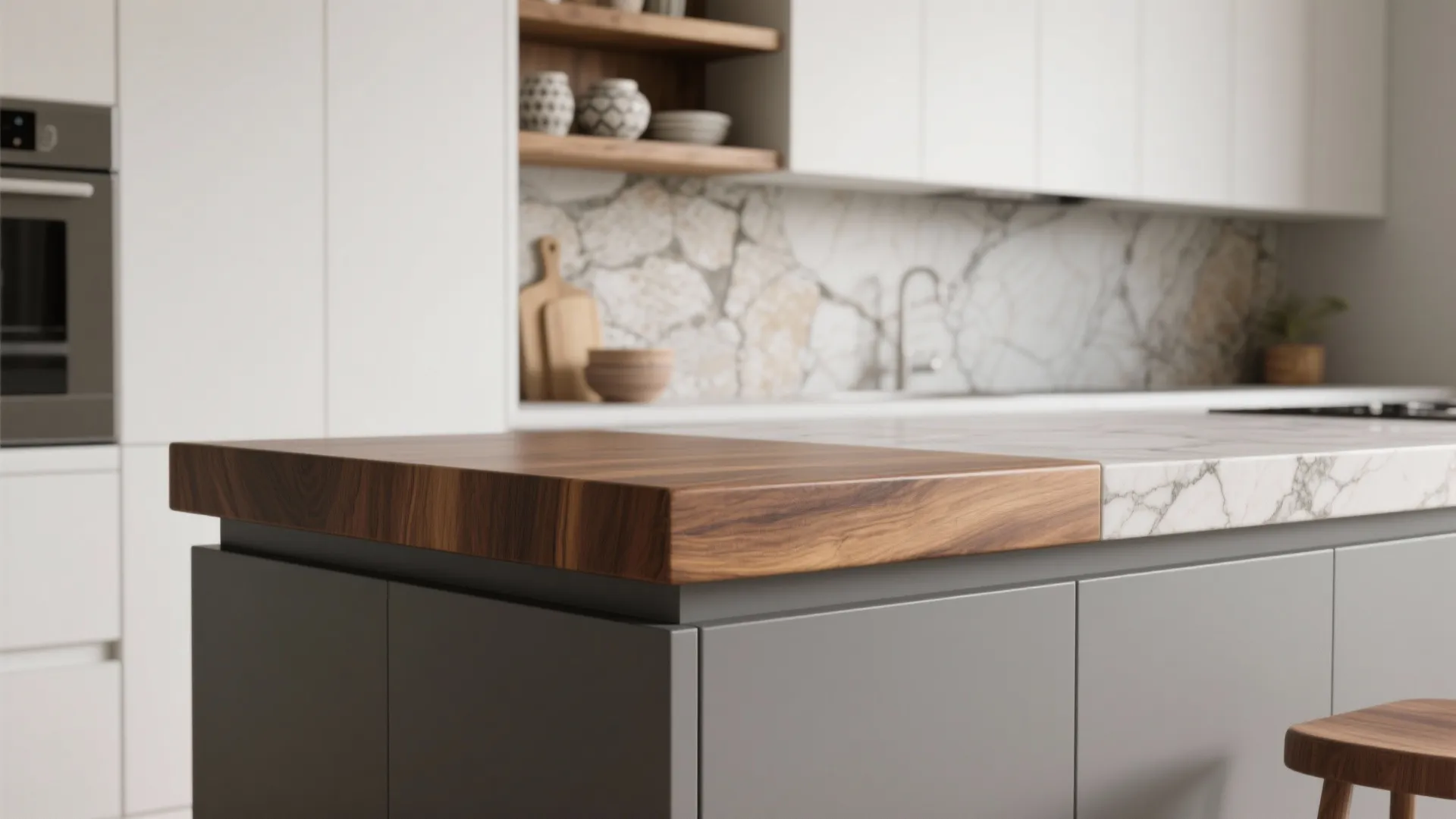 Close-up of walnut countertop edge and matte gray island next to white cabinets showing warm and cool material contrast.