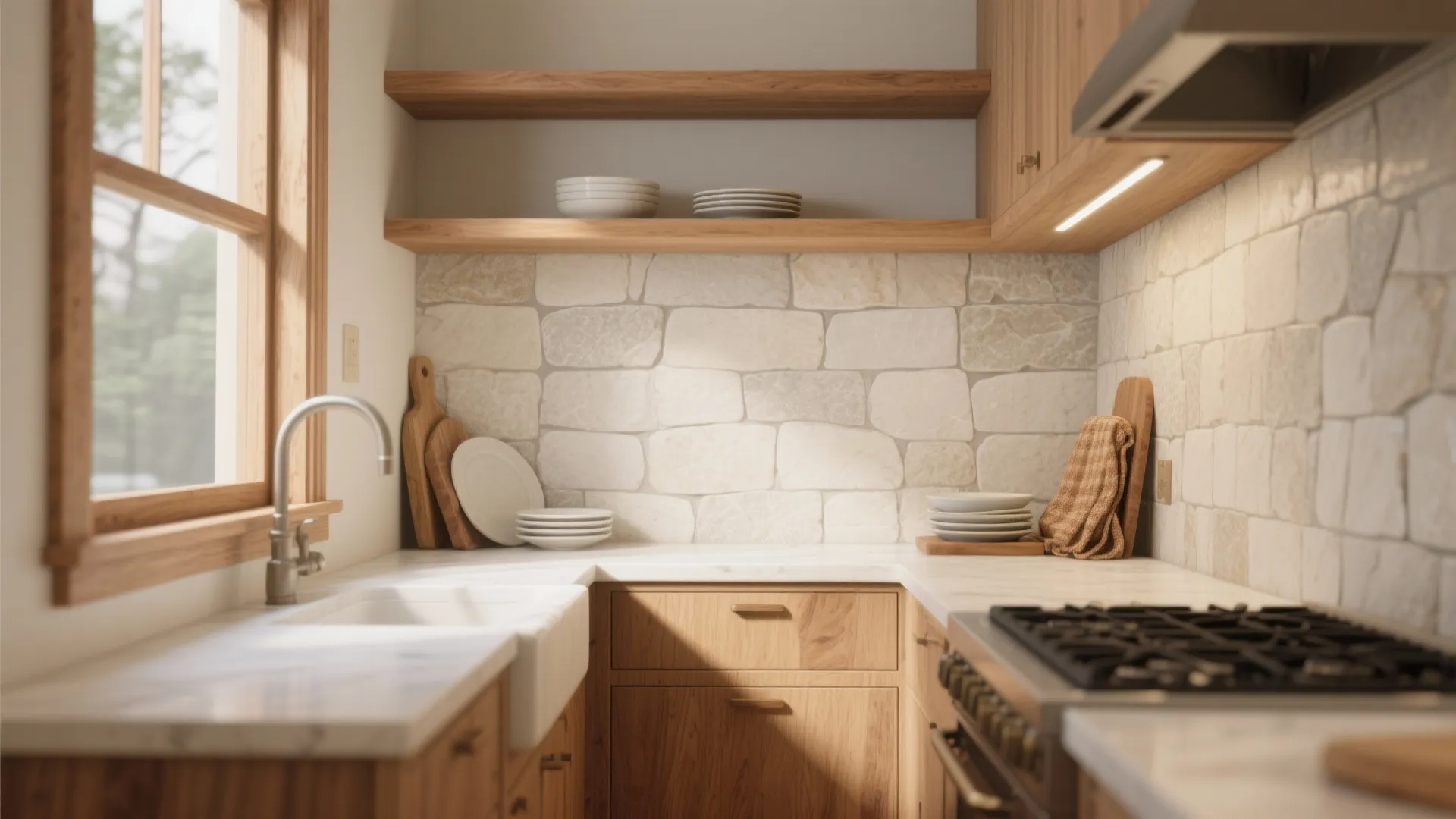 Warm wood and stone pairing for coziness