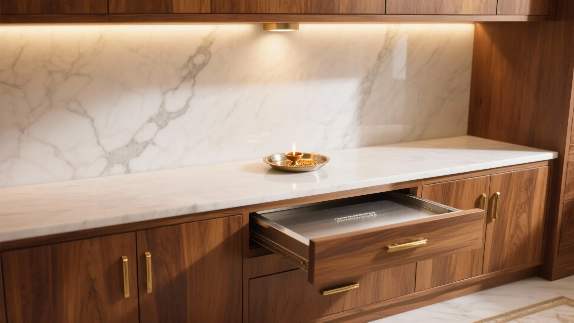 Warm Wood and Stone Mix With a Movable Diya Tray