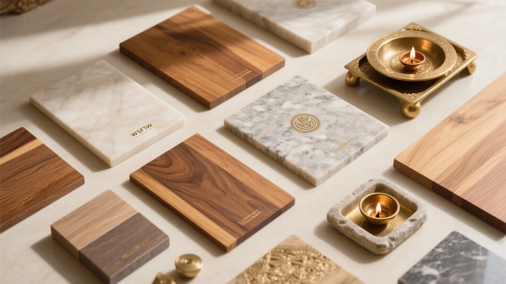 Top-down flat lay of teak, oak, ash, honed granite and quartz, matte brass accents, and a stone tray for diyas.