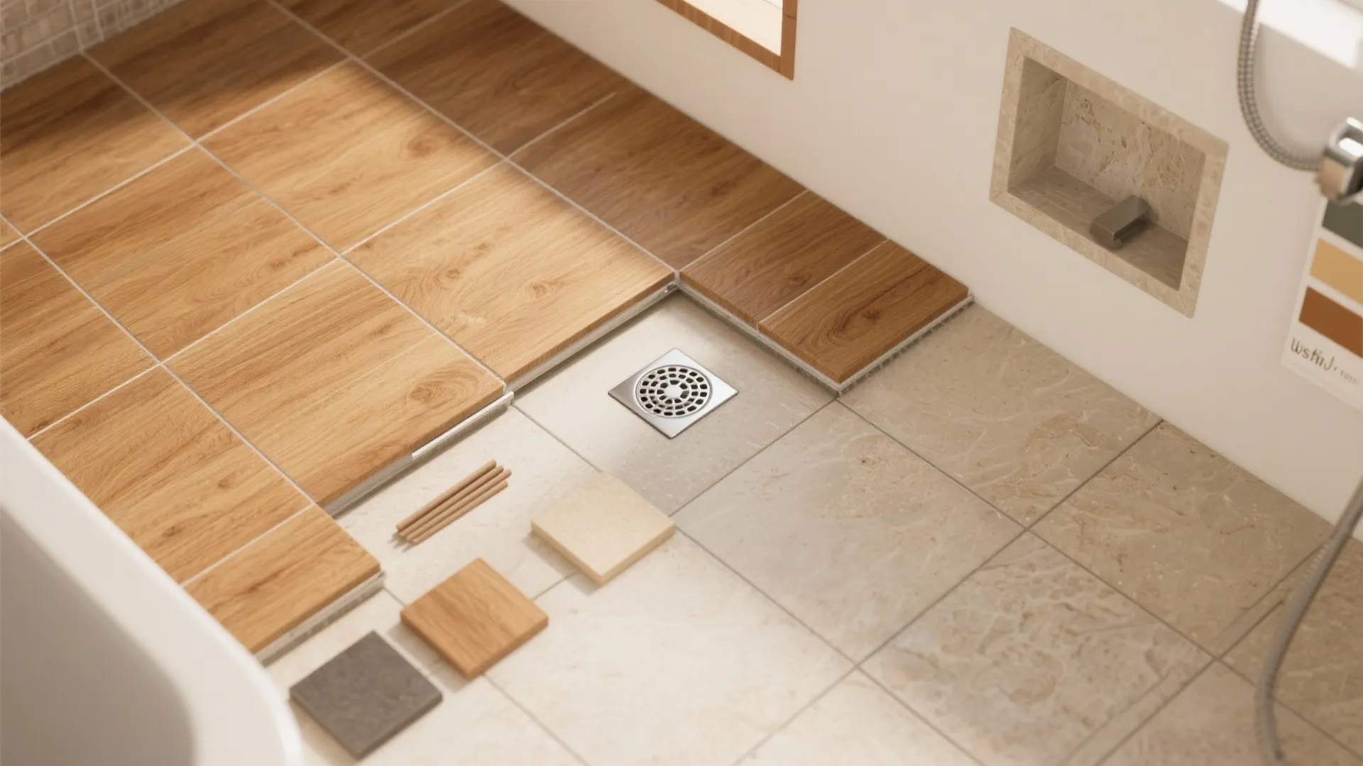 Bathroom floor layout showing wood tiles meeting stone tiles around a central square metal drain