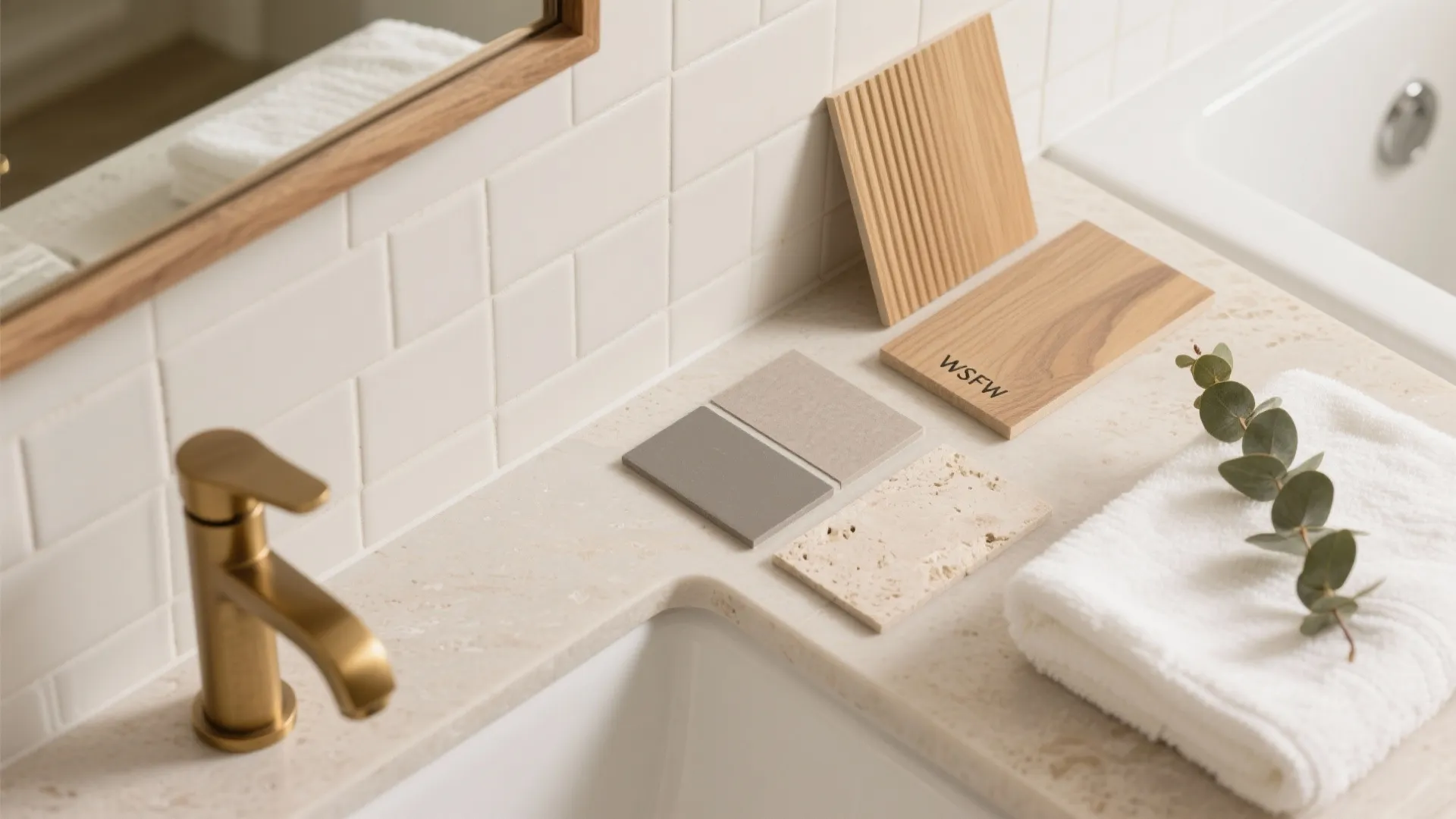 Warm wood and stone pairing for a spa vibe