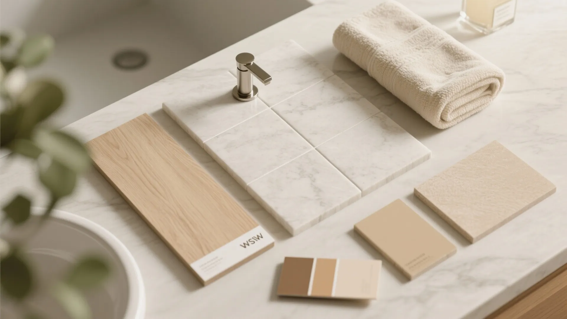 Warm wood and stone accents in the master bath