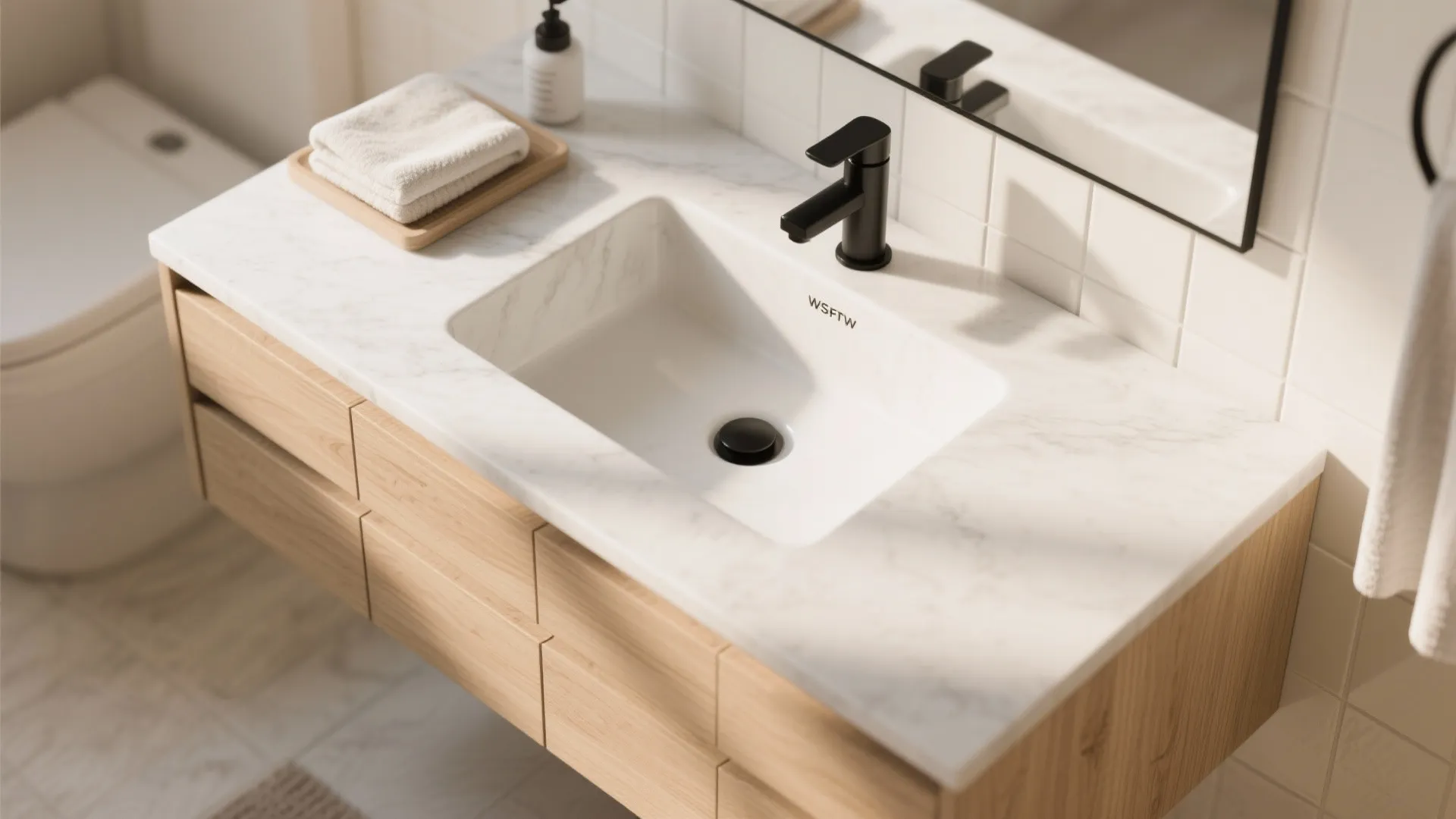 Top view of a bathroom sink with white marble counter black tap and wooden drawers