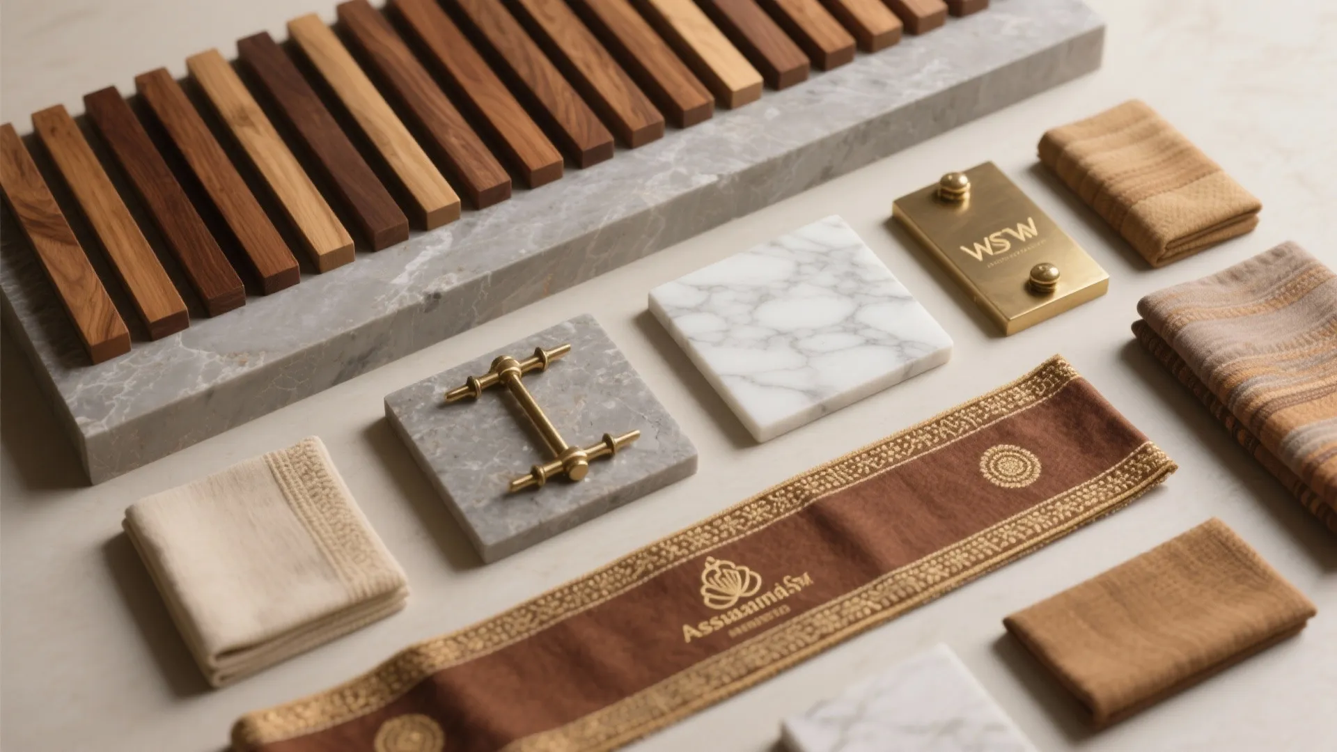 Interior design mood board with wood samples marble tiles fabric pieces and gold hardware items
