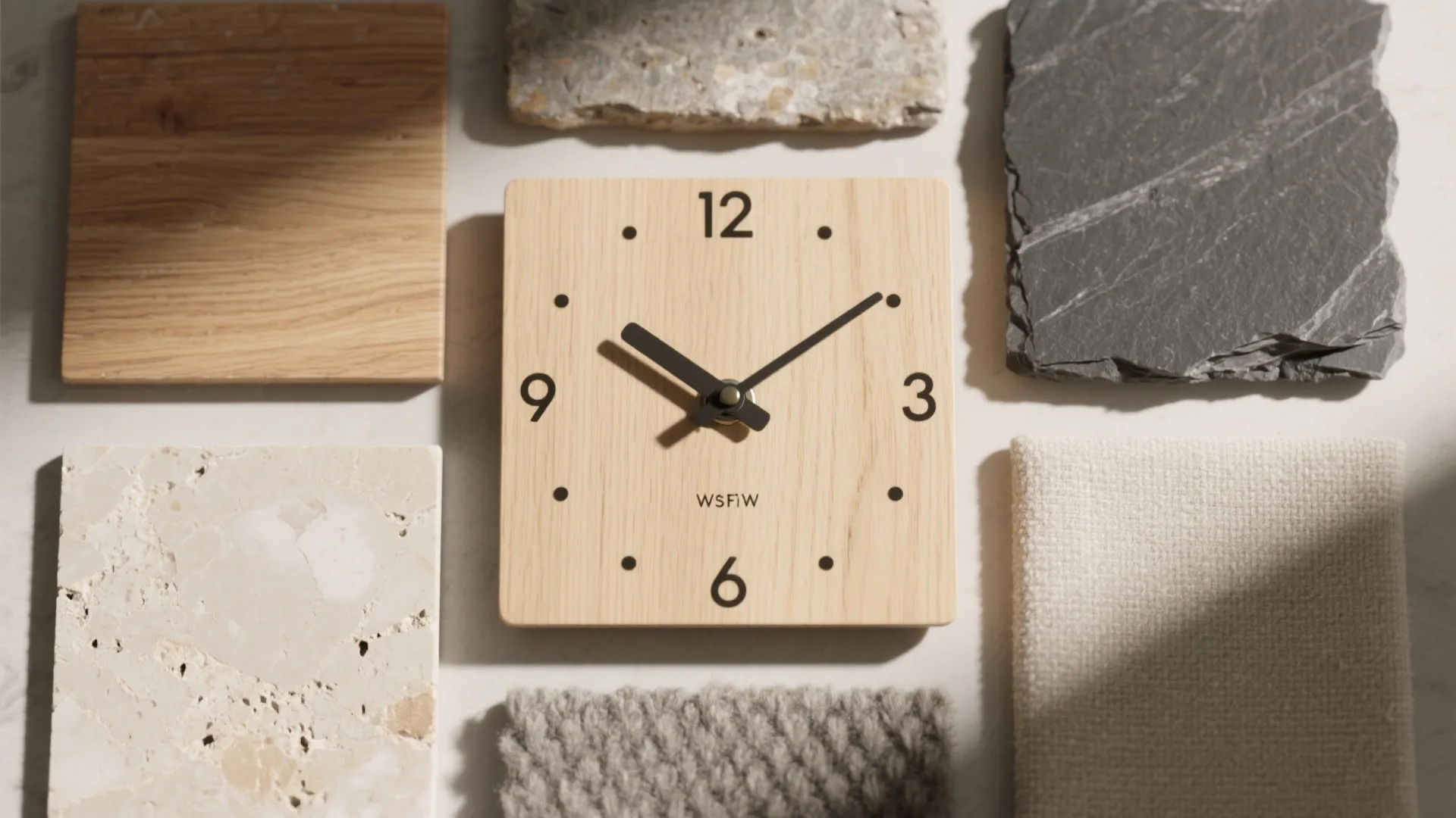 Warm Wood and Stone Square Clocks for Tactile Calm