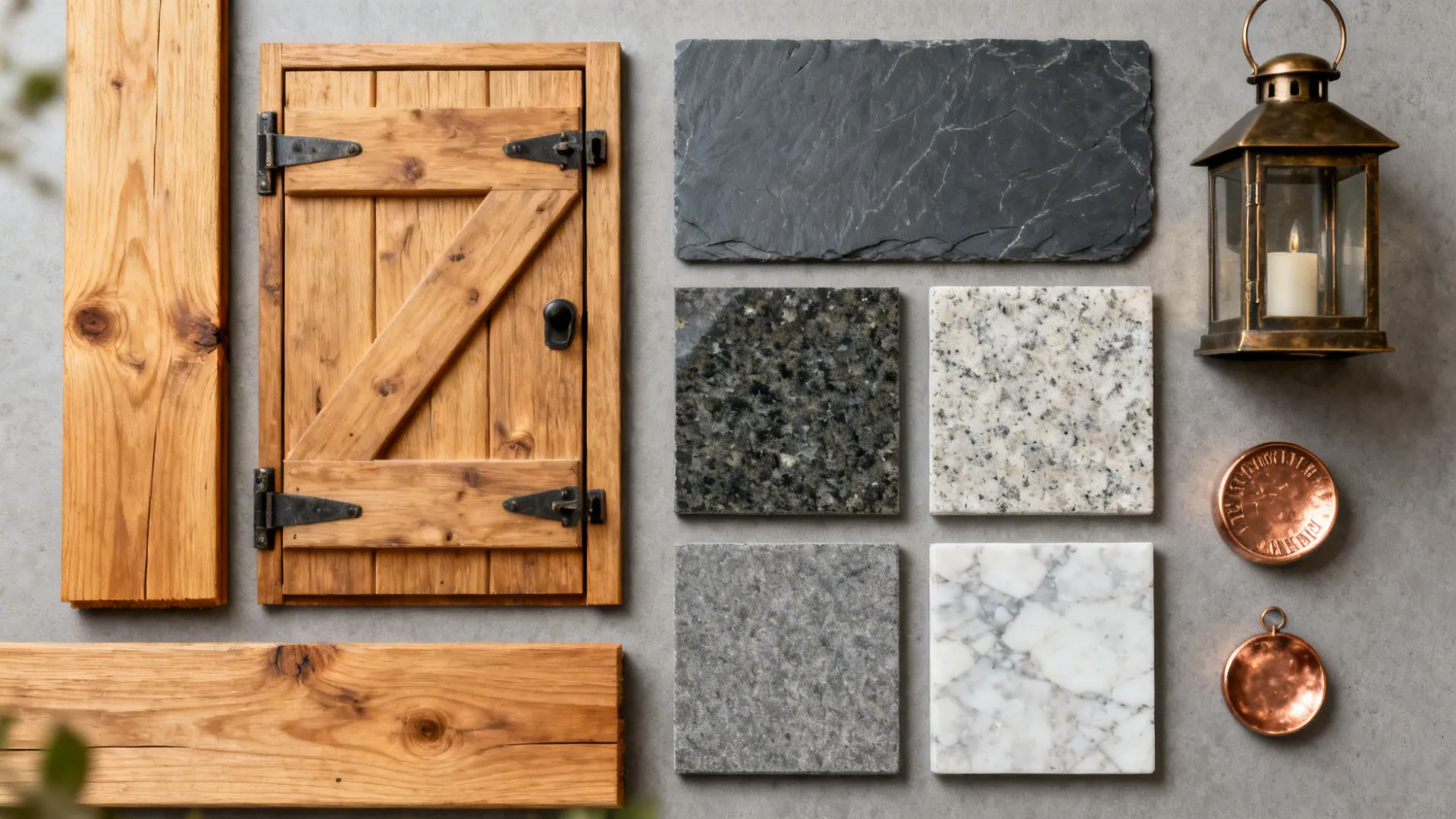Flat lay of spruce wood, deepslate, andesite, quartz, and copper accents on a neutral surface.