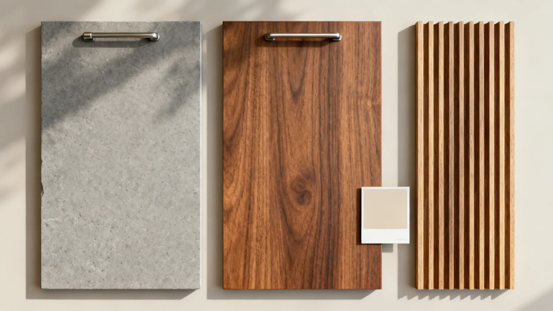 Flatlay of matte stone, warm walnut veneer, fluted wood, and brushed hardware.