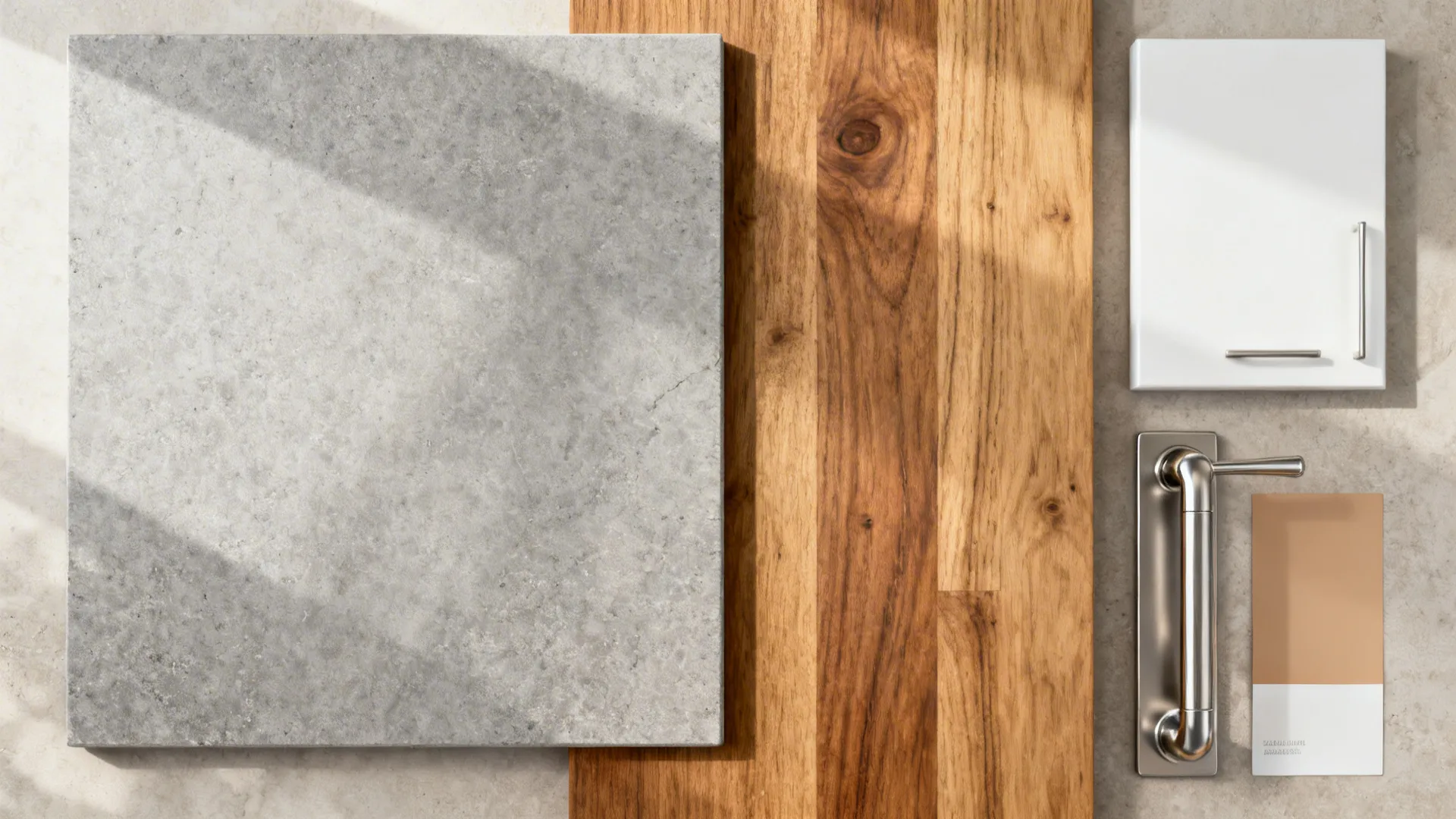Flat lay with oak, soft gray stone, matte white cabinet finish, and stainless accents.