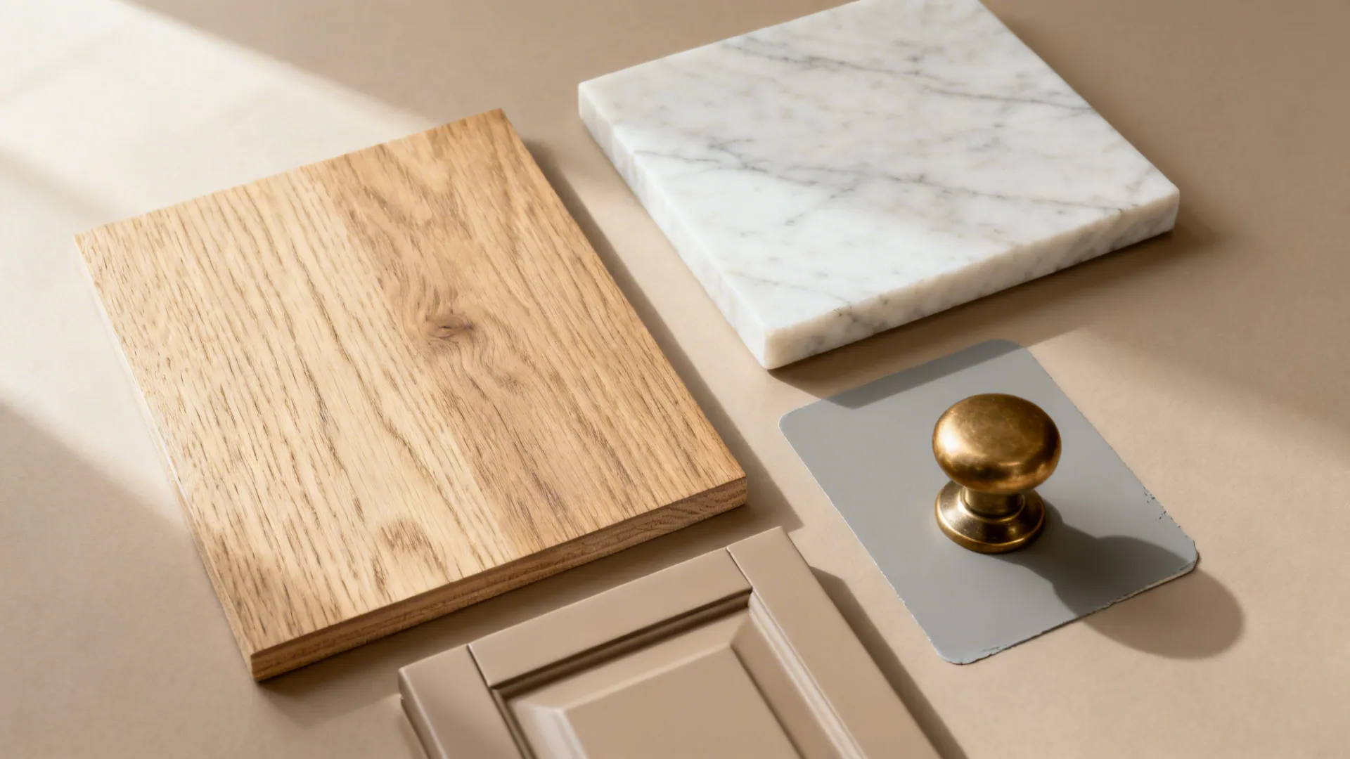 Flat lay of oak veneer, warm-white quartz, matte cabinet swatch, brass hardware, and gray paint chip.