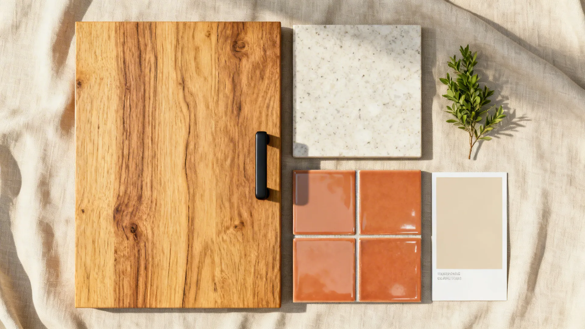 Flatlay of oak veneer, light quartz, glazed tile, matte black hardware, and neutral paint swatches.