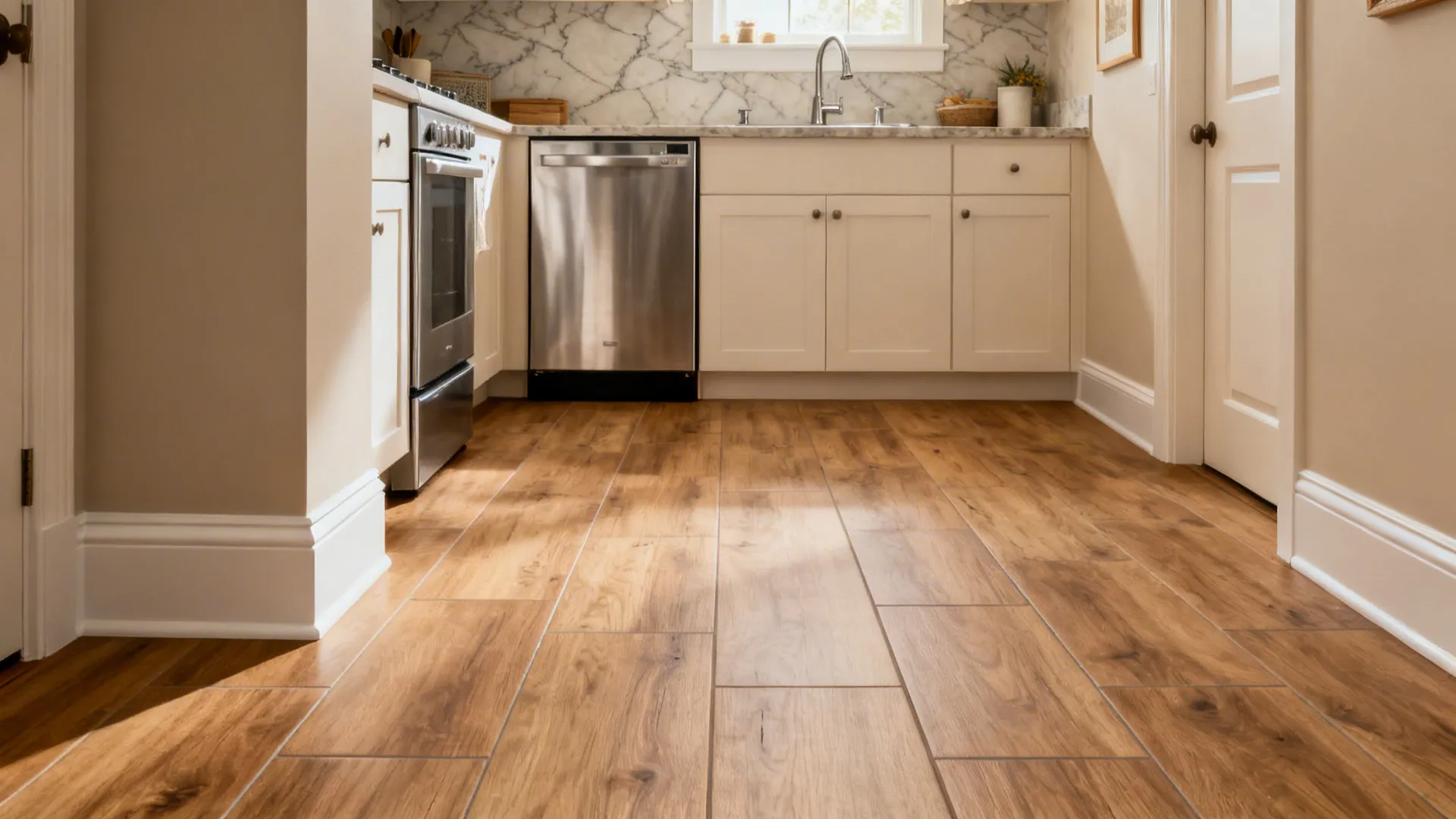 Compact kitchen with mid-tone wood-look porcelain floor and soft stone-look backsplash.