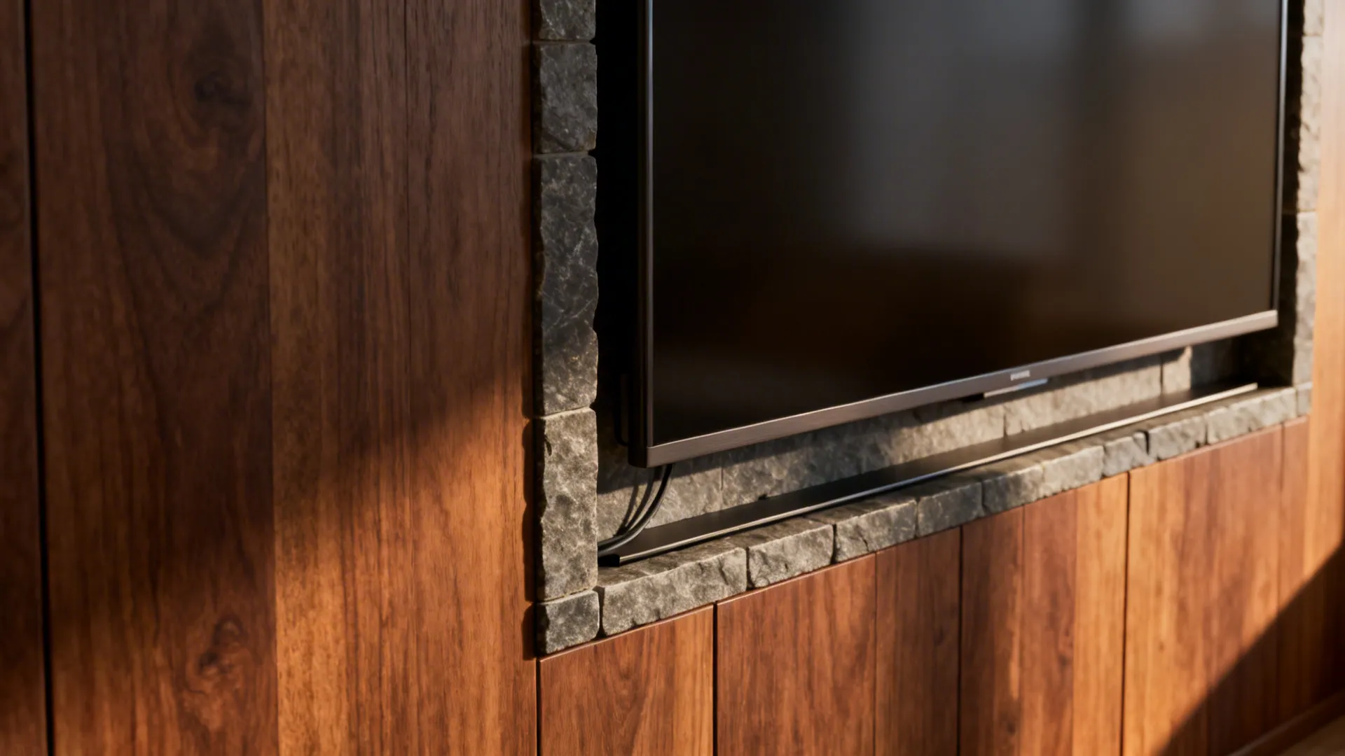 Walnut panels with a narrow slate inset framing a wall-mounted TV in a small living room