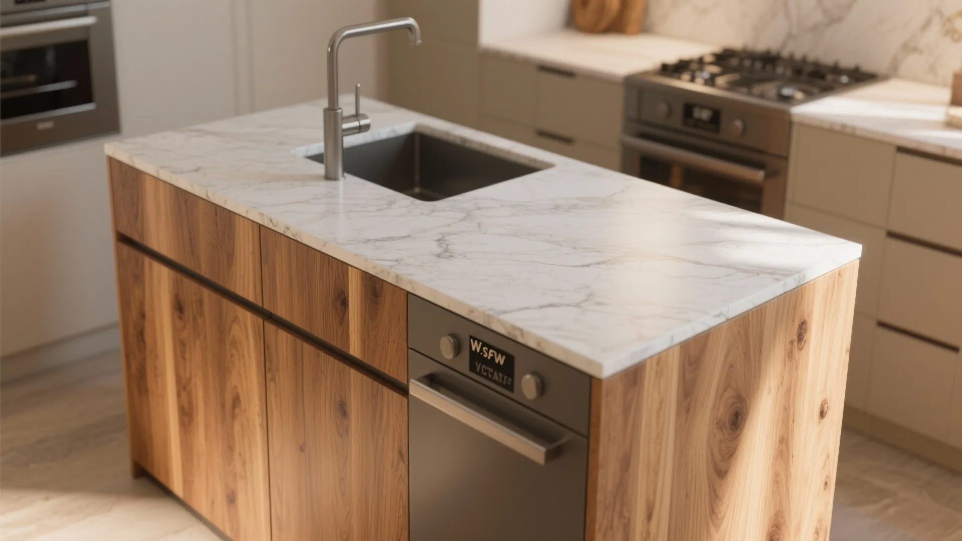 2. Mixed-material island: wood base + stone top