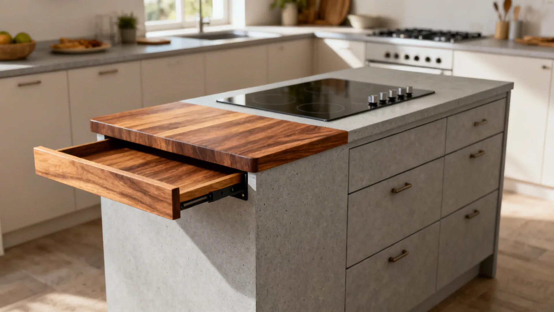 Mixed-material island with walnut slab accent paired with soft-grey stone.