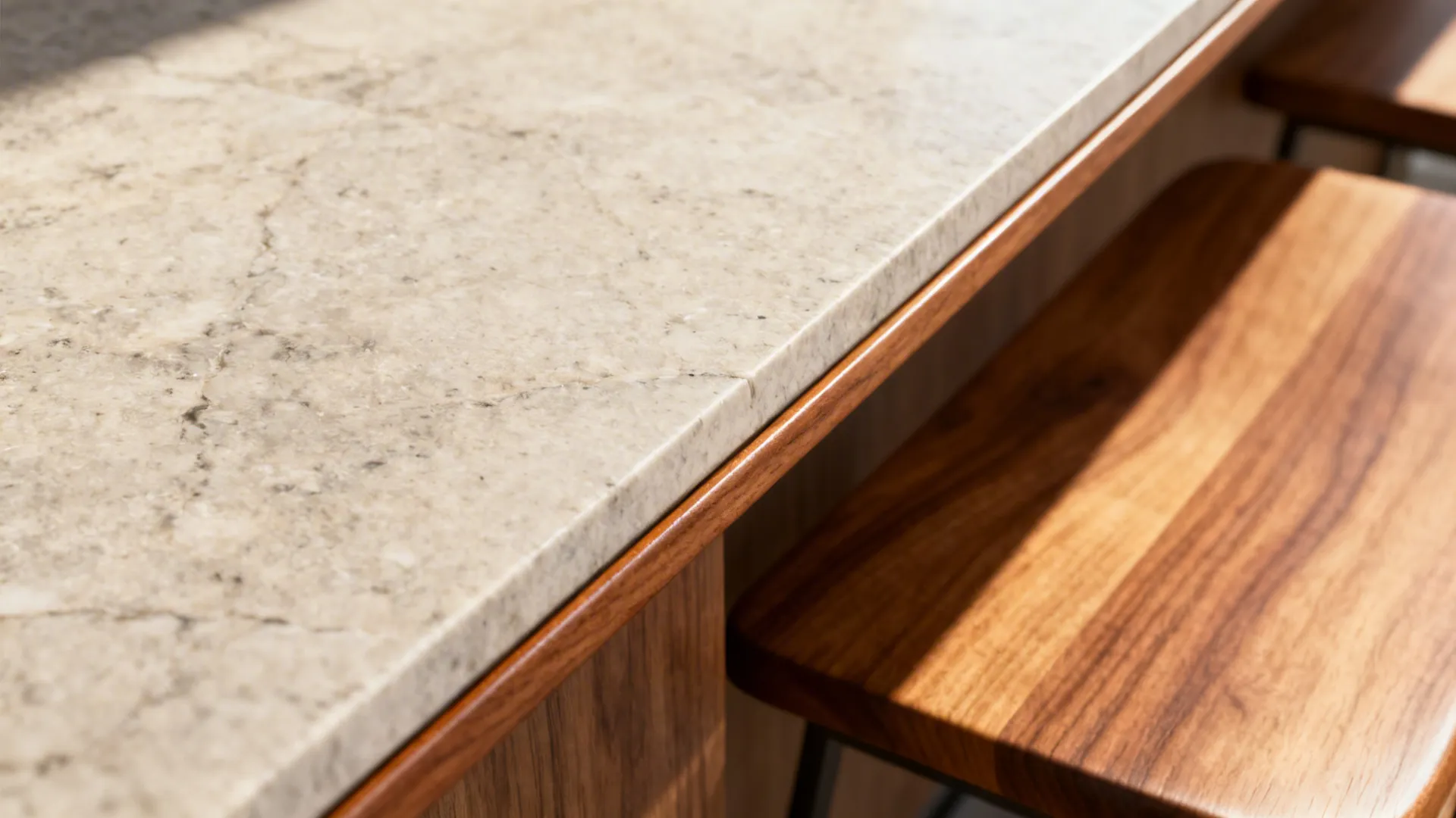 Close-up of a stone top meeting an oiled oak seating edge with a clean micro-bevel.