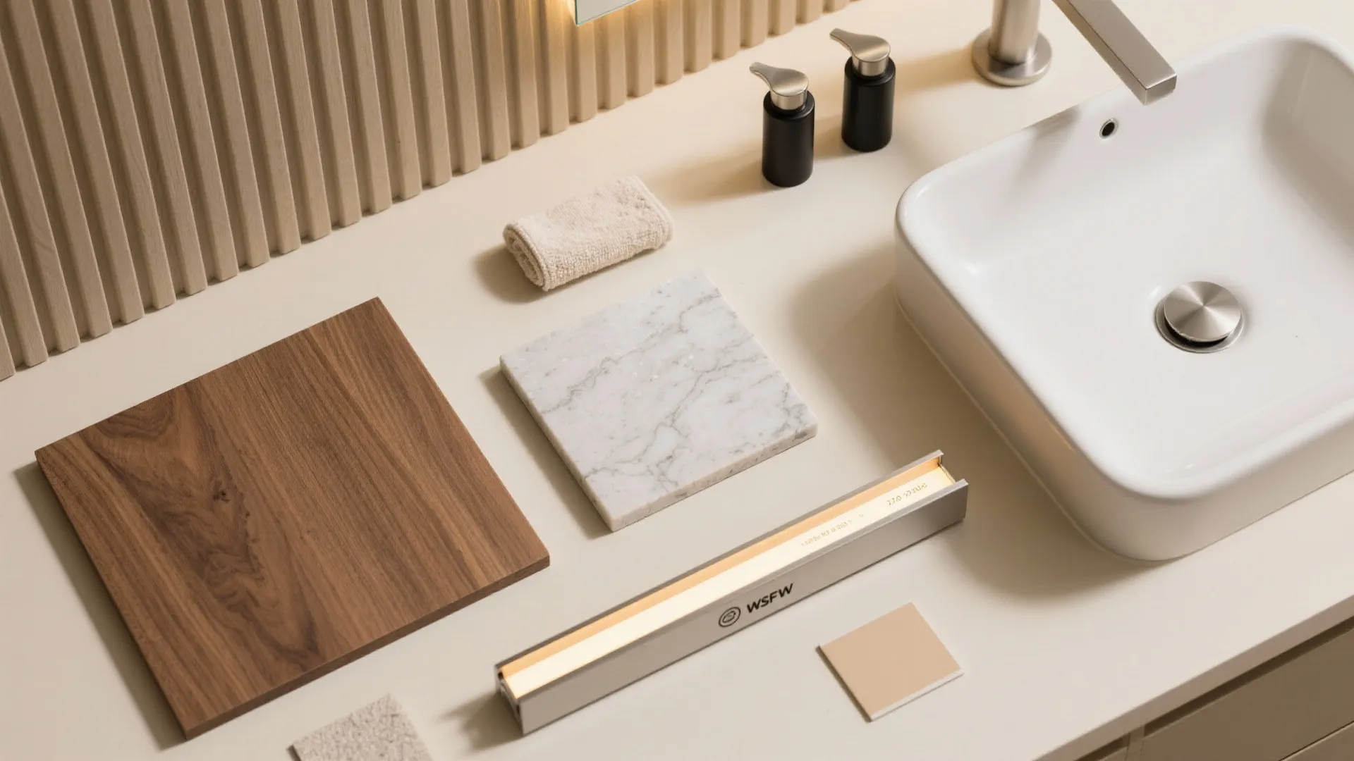 Flat lay of bathroom materials including wood panels, marble tiles, white sink, and LED lights