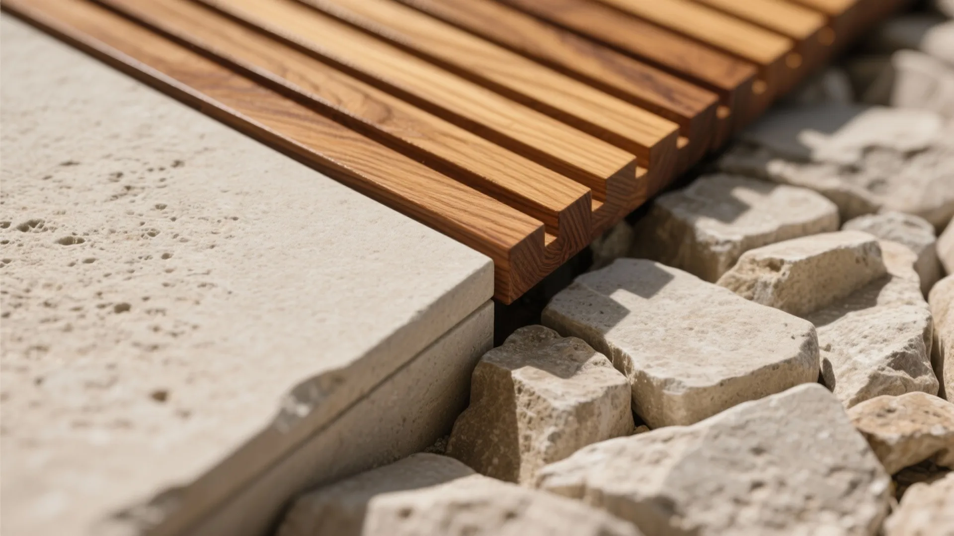 Close up view of outdoor flooring materials including light stone tile wood slats and pebbles
