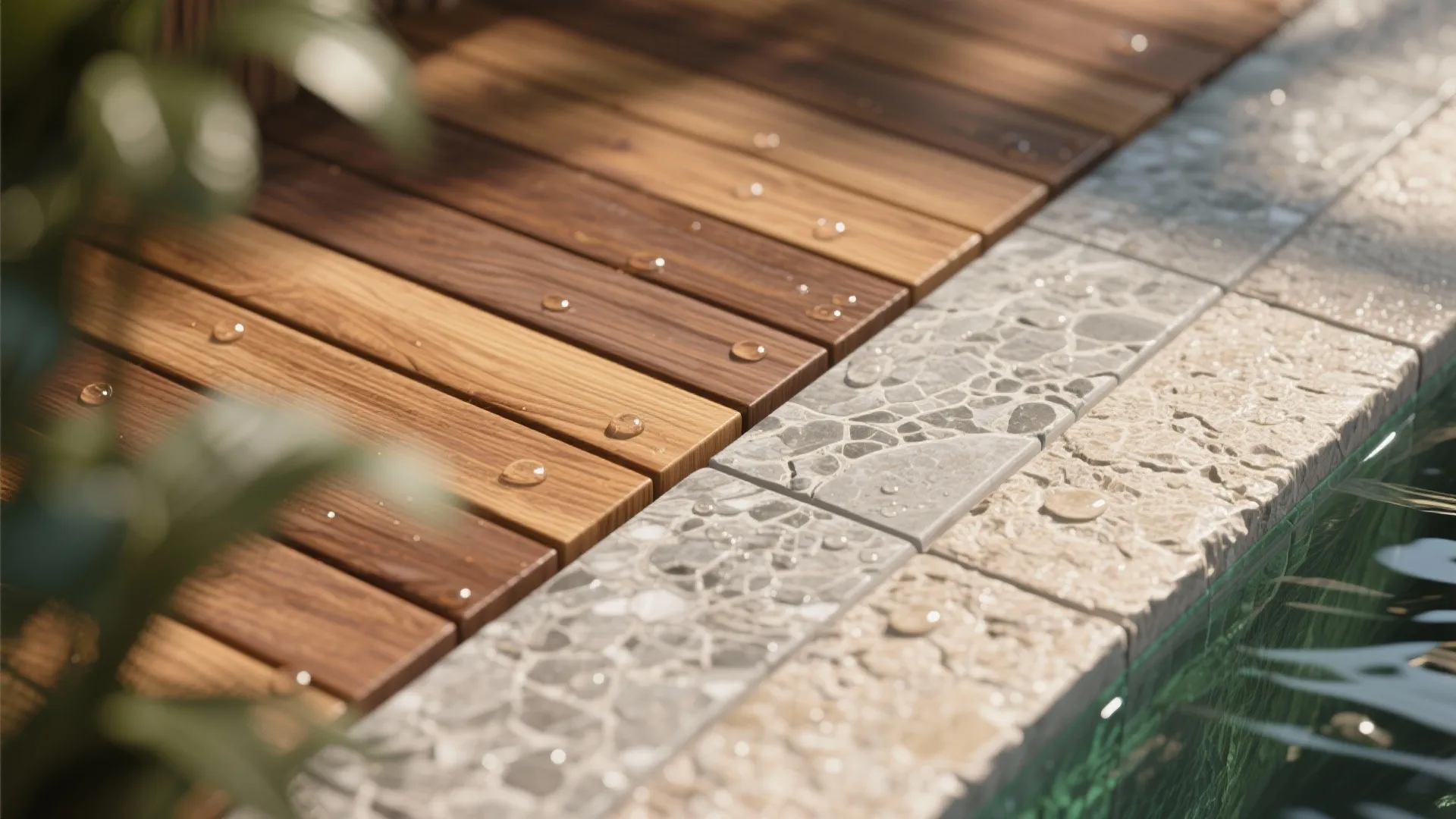 Close up view of wet wooden floor panels and stone tiles with water drops on surface