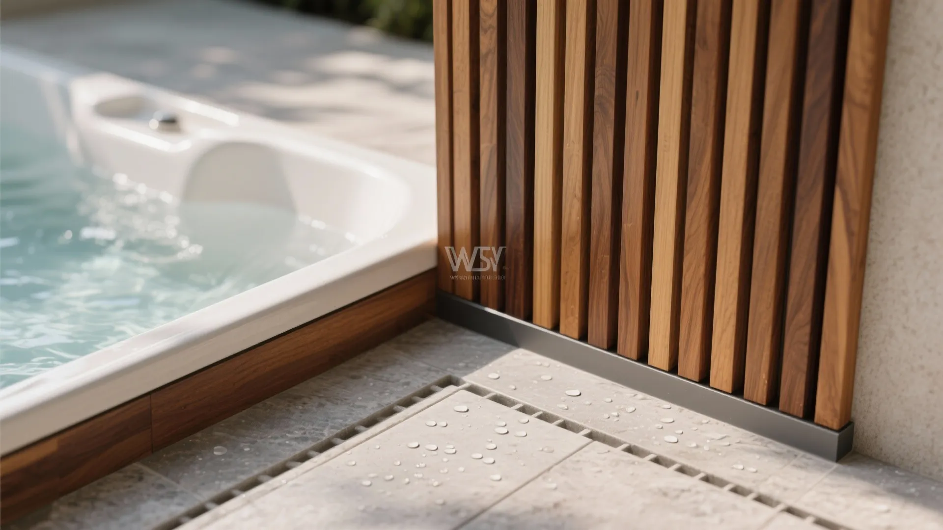 Warm Wood, Stone, and Acoustic Calm Around the Tub
