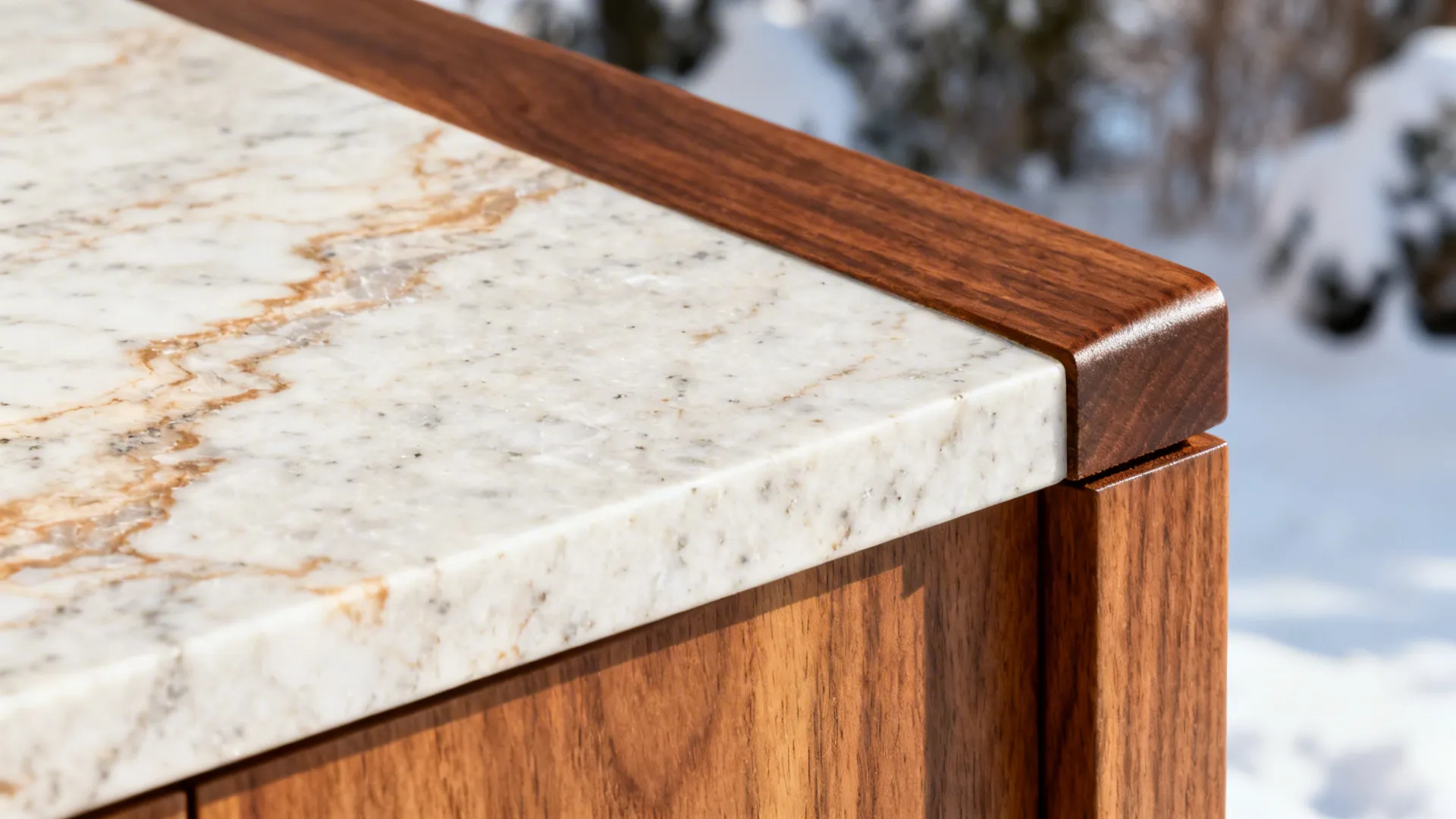 Macro of warm-veined stone countertop meeting oiled oak edge