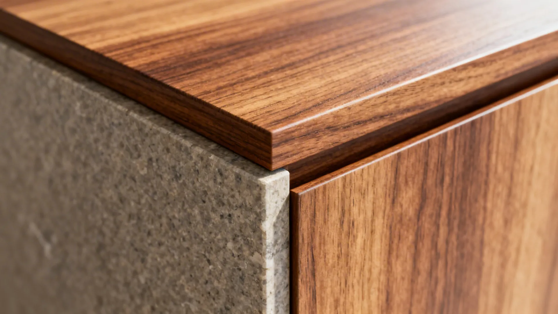 Macro of wood-look laminate grain next to a stone-textured cabinet finish with crisp edges.