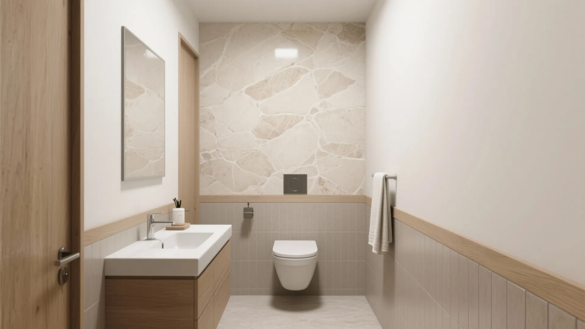 Warm stone with wood-look accents