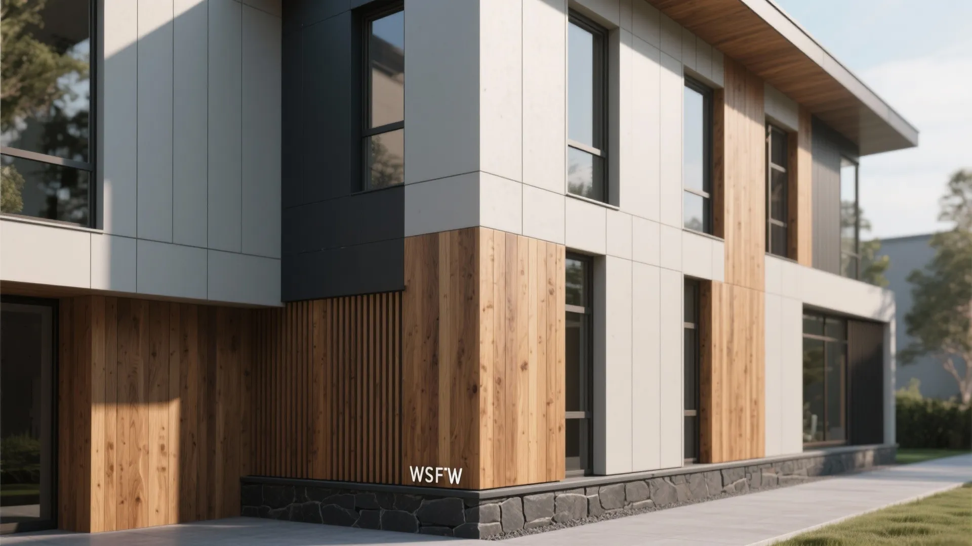 Material Mix: Wood Slats, Fiber Cement, and Stone Bands