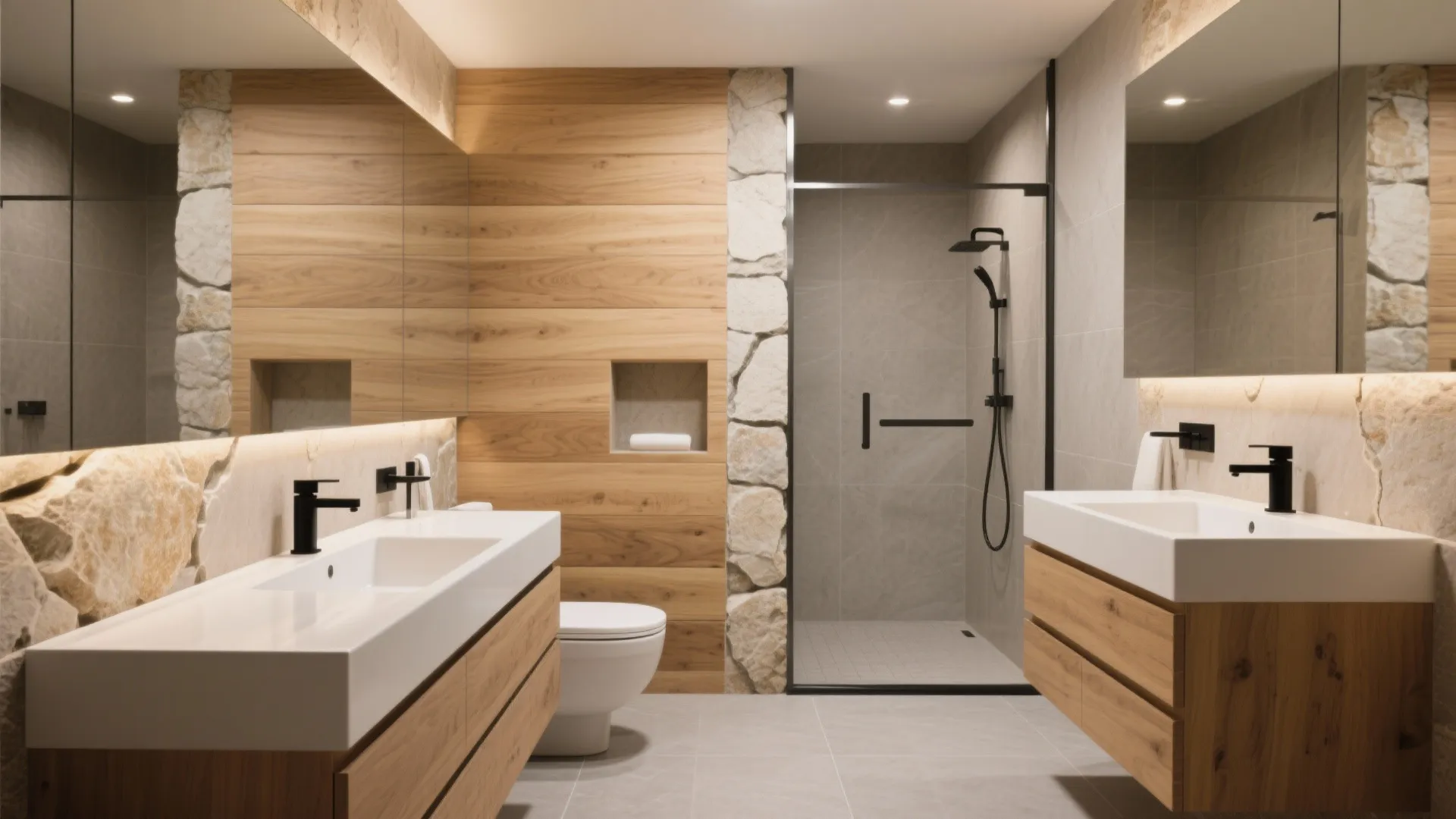 Modern bathroom with double wood vanity white sinks black taps stone wall and glass shower