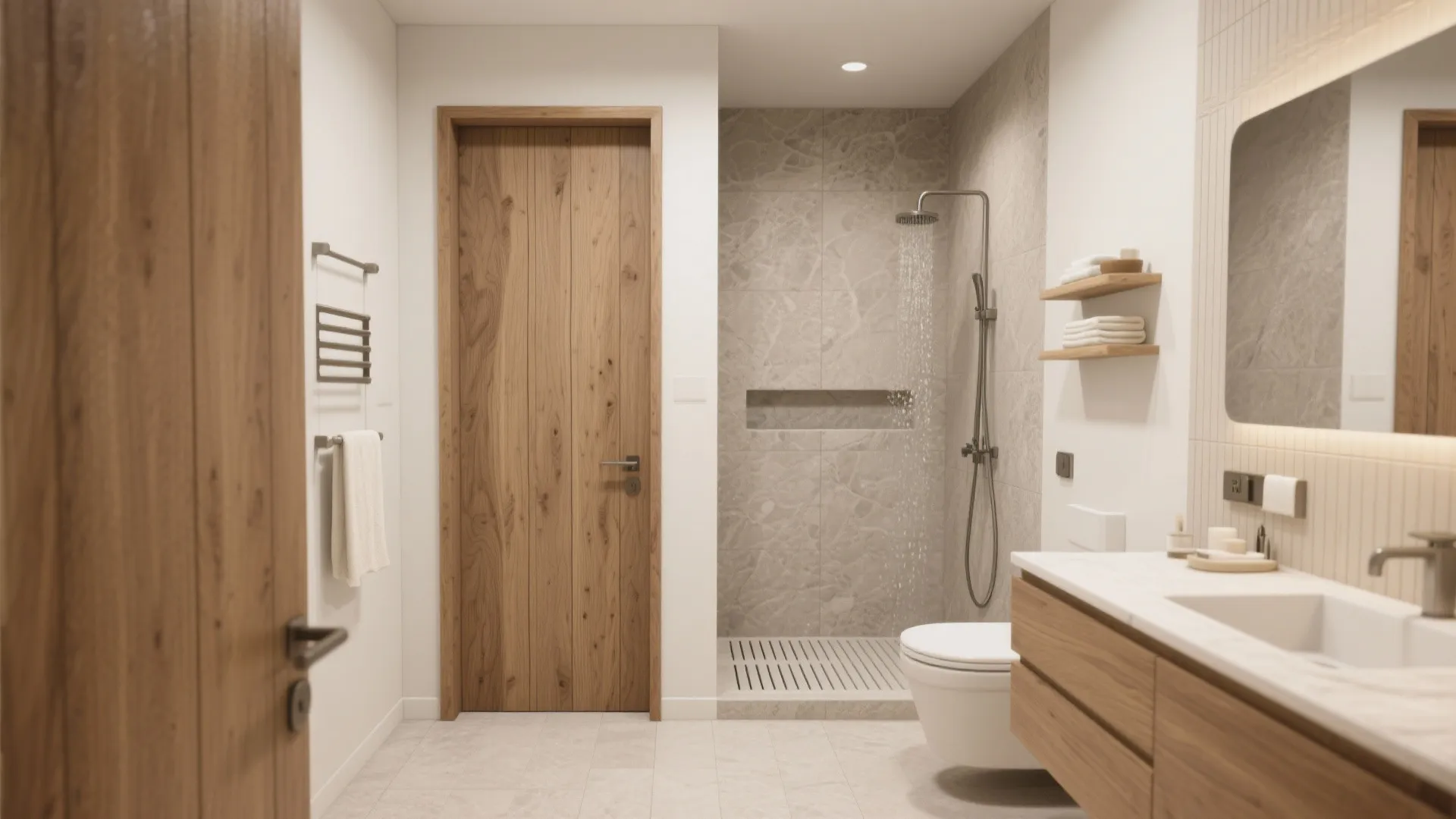 Textured wood-look or stone-look tiles for warmth and grip