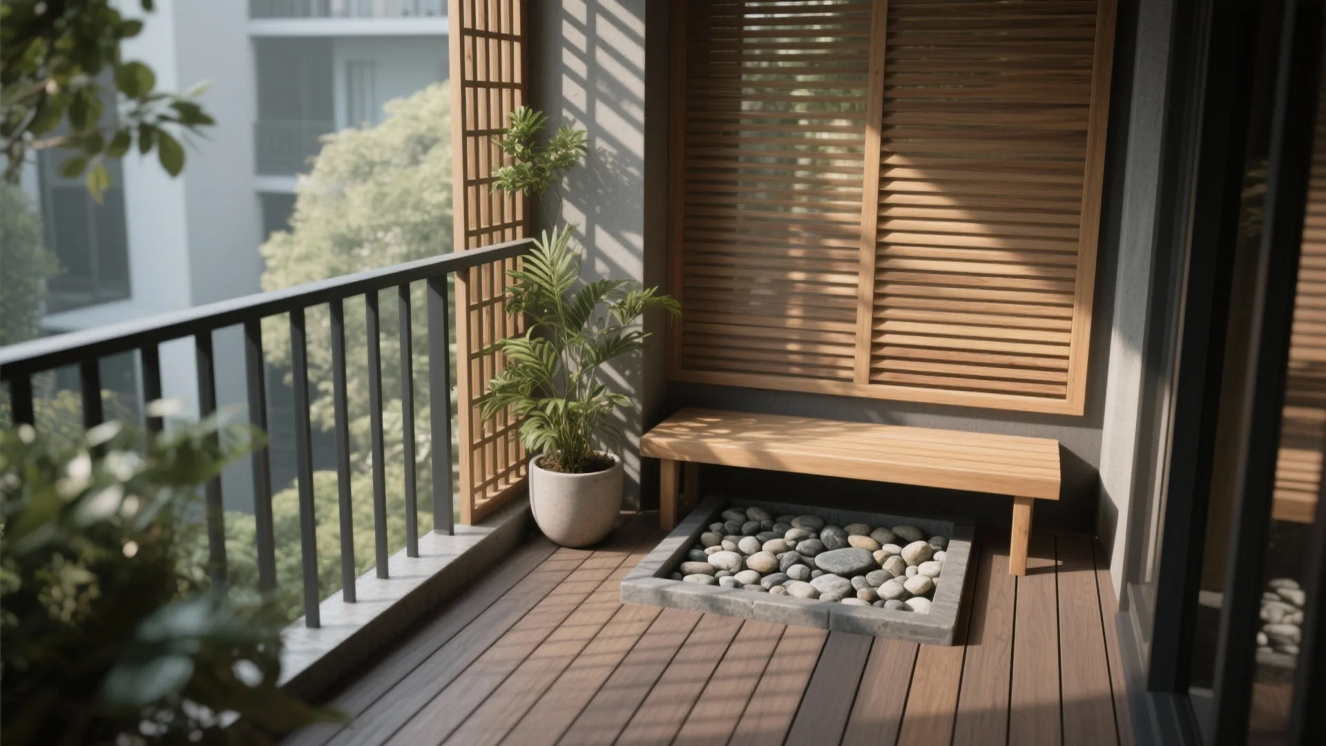 Cozy Wood-and-Stone Nook with Privacy Screen