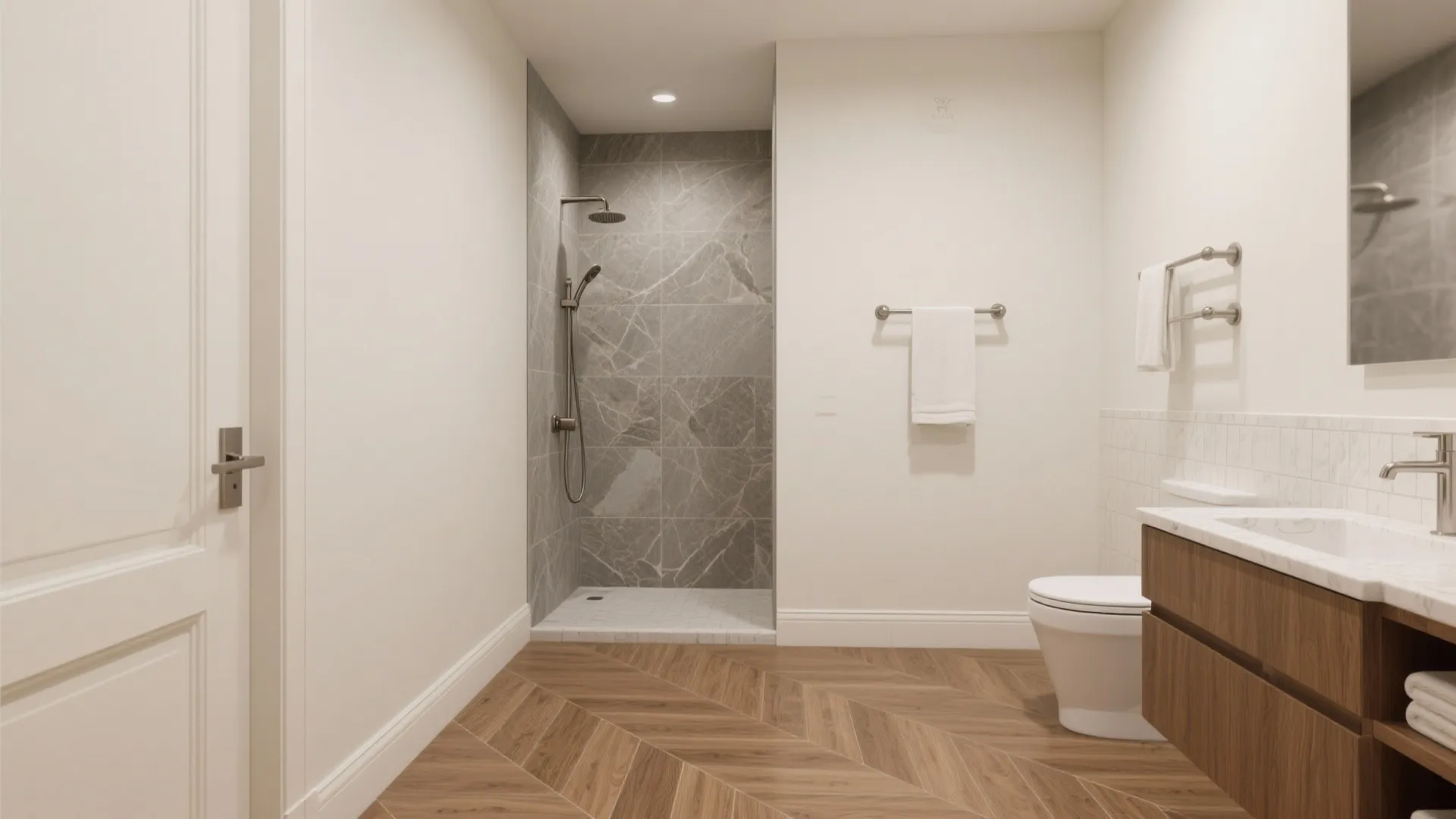 Bathroom mixing oak-look floor tiles with cool stone-look shower walls.