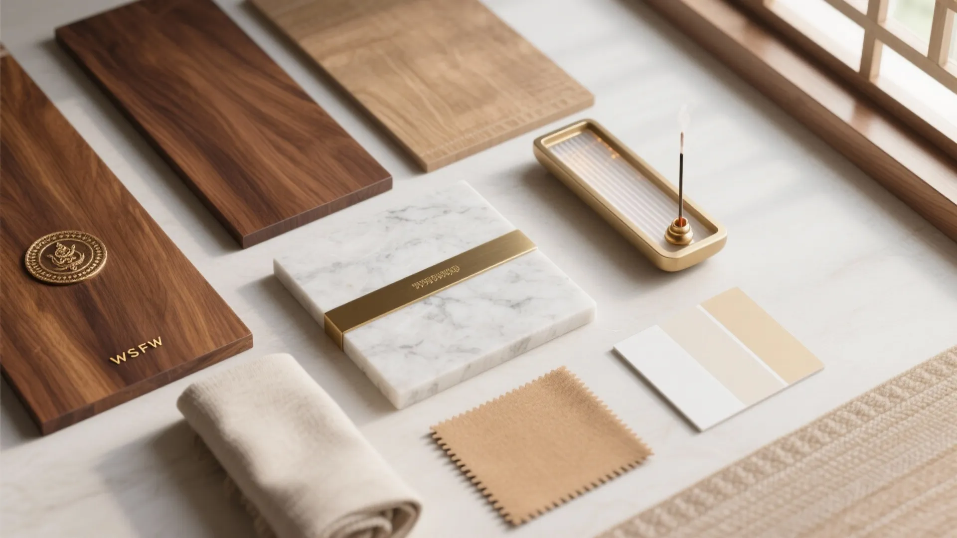 Interior design material board with wood samples marble tile fabric swatches and gold color palette