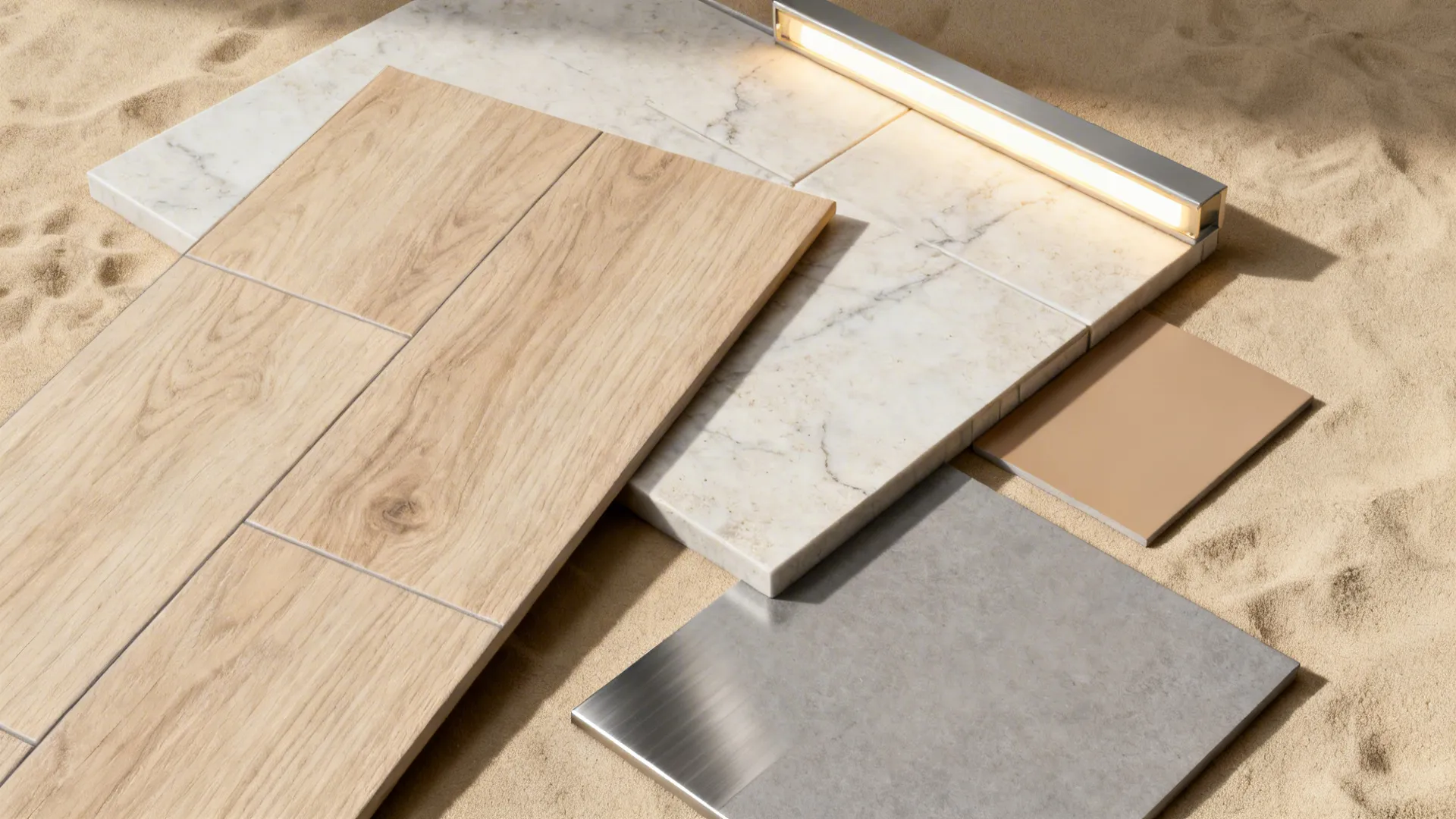 Flat lay of wood-look floor tile and pale stone-look backsplash with coordinating neutral accents.