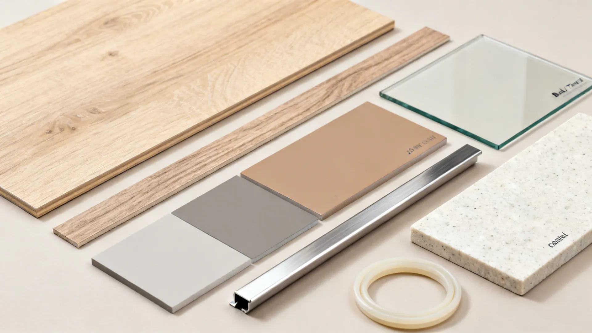 Material flat-lay with wood laminate, glass, quartz, Badal/Tavera stone, and trims.