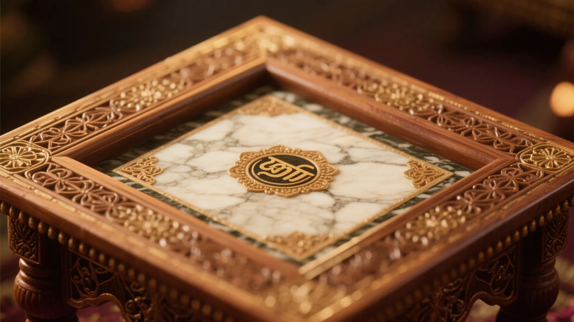 Close up of a small wooden table with marble top inlay and a gold emblem