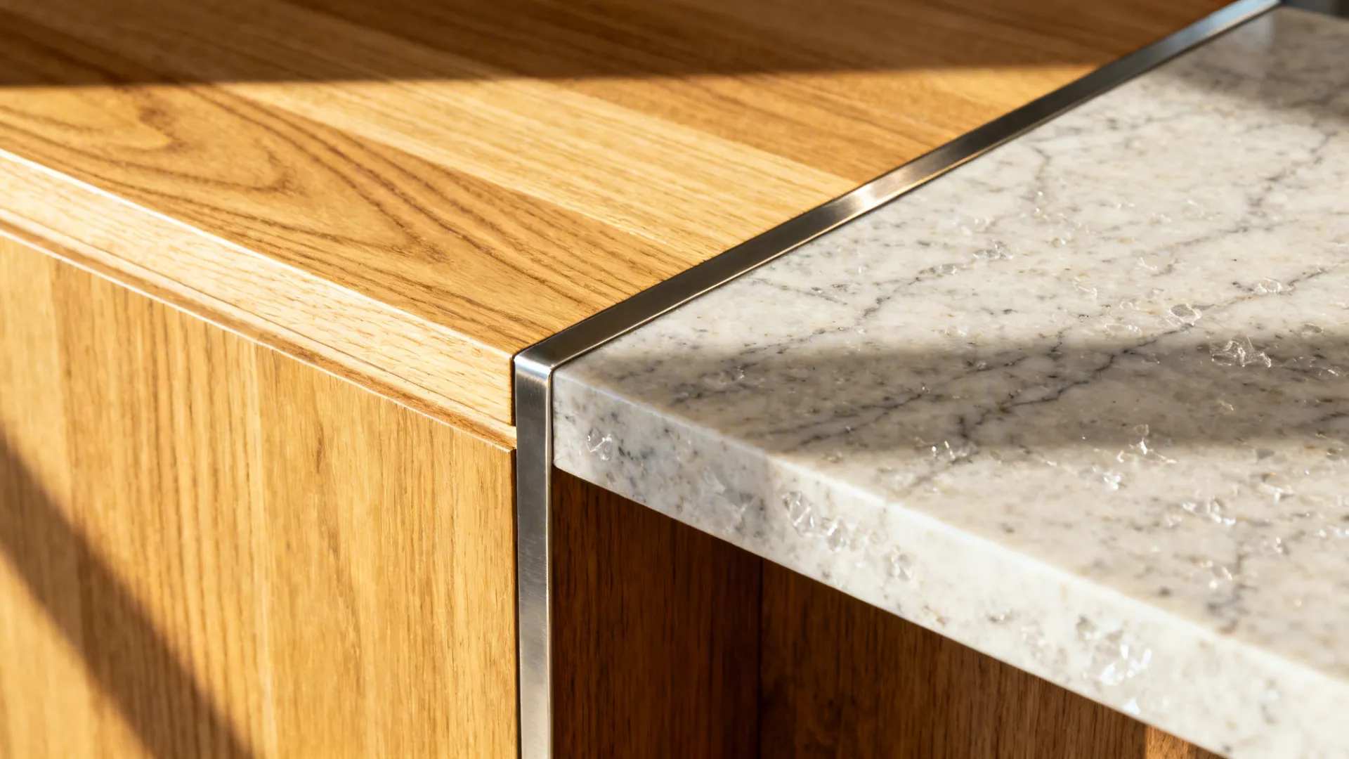 Macro view of a precise metal-inlay seam between wood and stone on a breakfast bar.