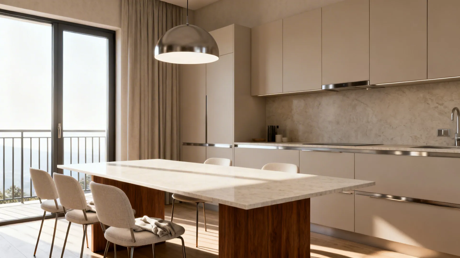 Two-tone dining table with a thin pale quartz top on a walnut base in a bright open kitchen.