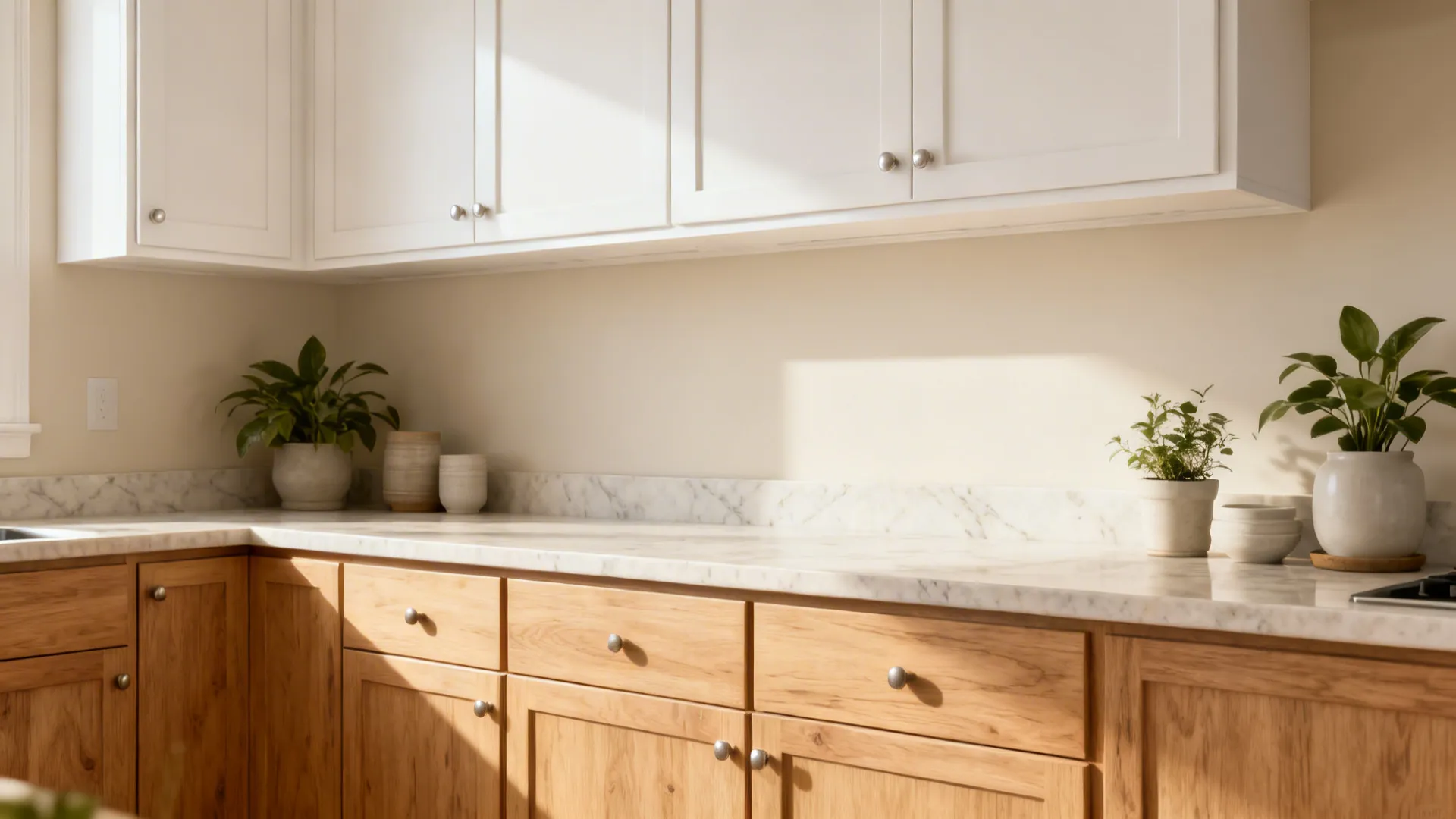 Kitchen scene with white upper cabinets marble countertop wooden lower cabinets and green potted plants