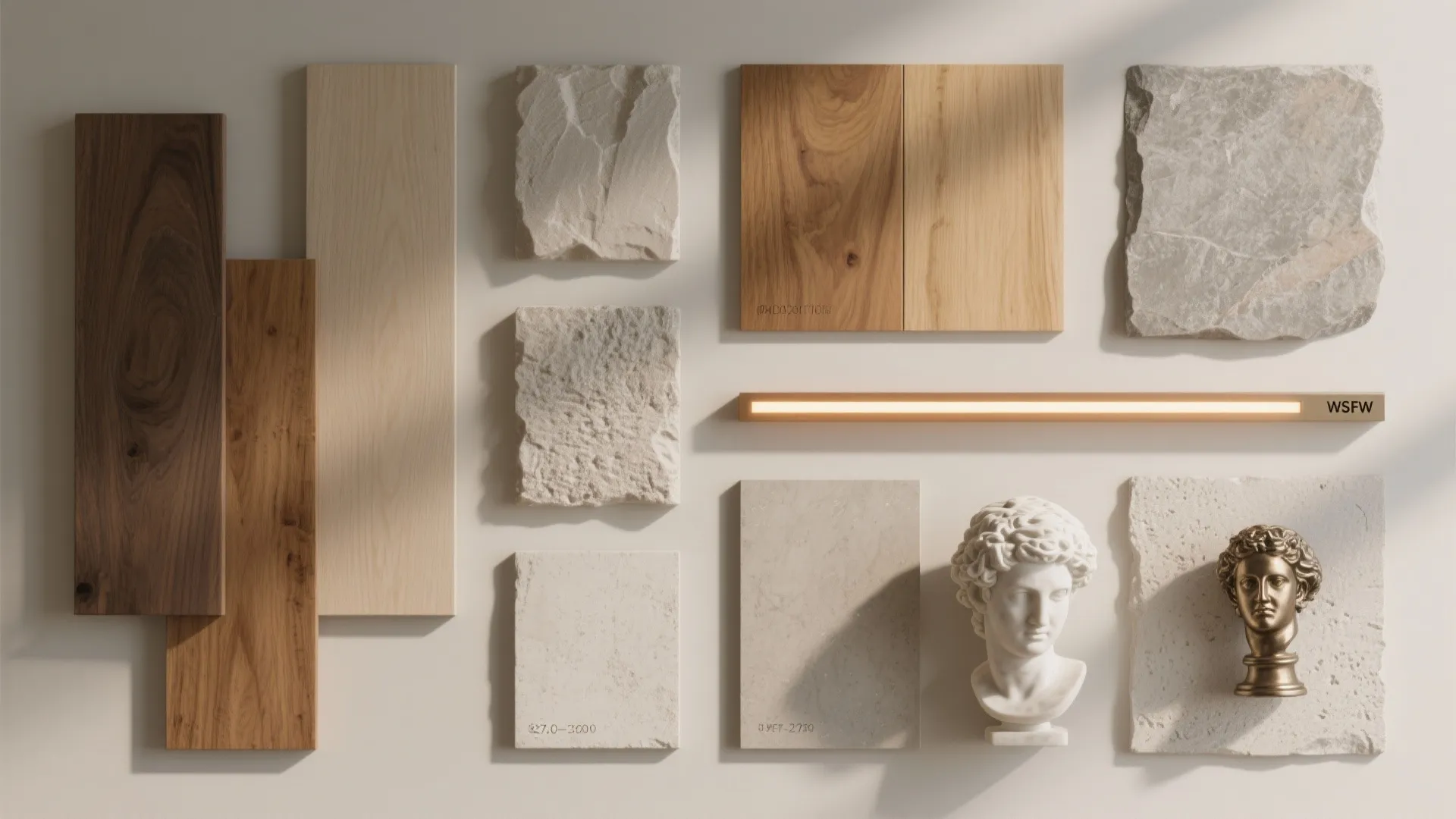 Interior design material board with wood planks stone pieces small statues and a long light