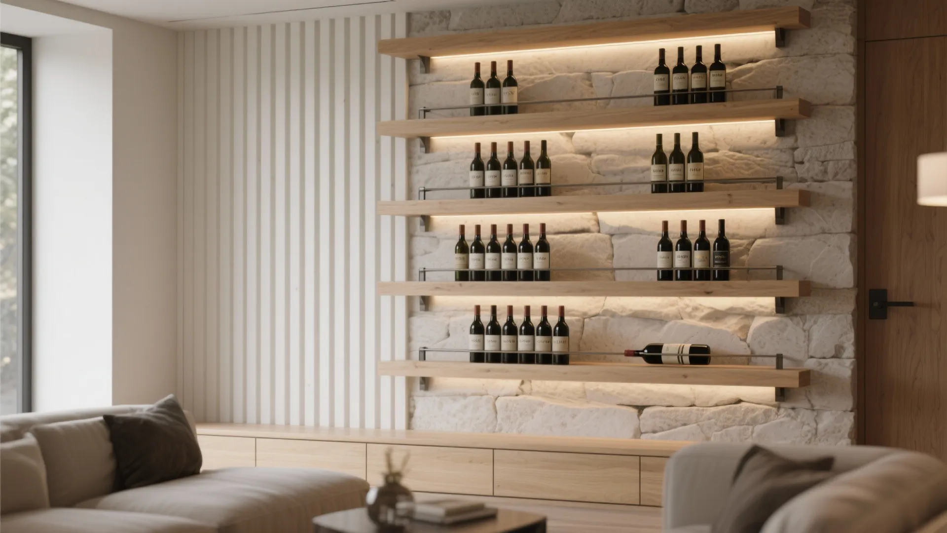 Warm Wood + Stone Layered Feature Wall