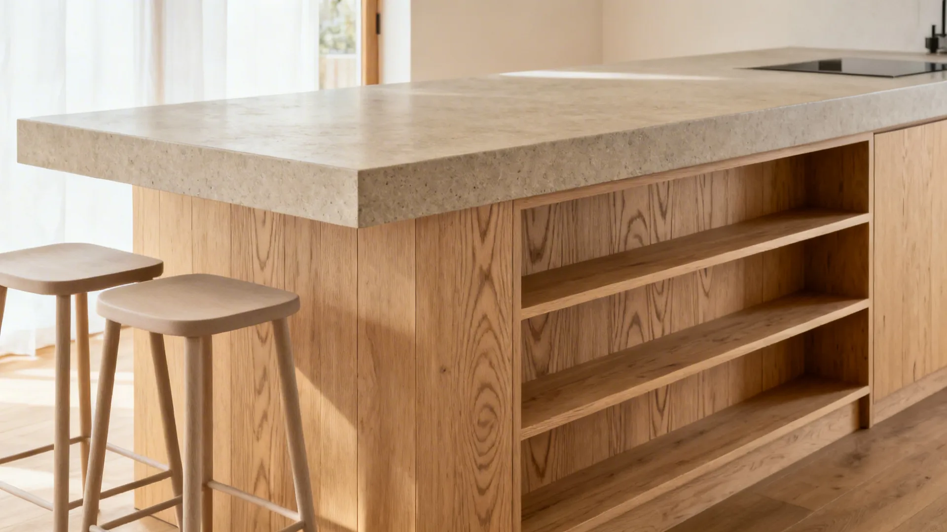 Pale oak and honed stone waterfall island with shallow bookshelf and two tucked stools.