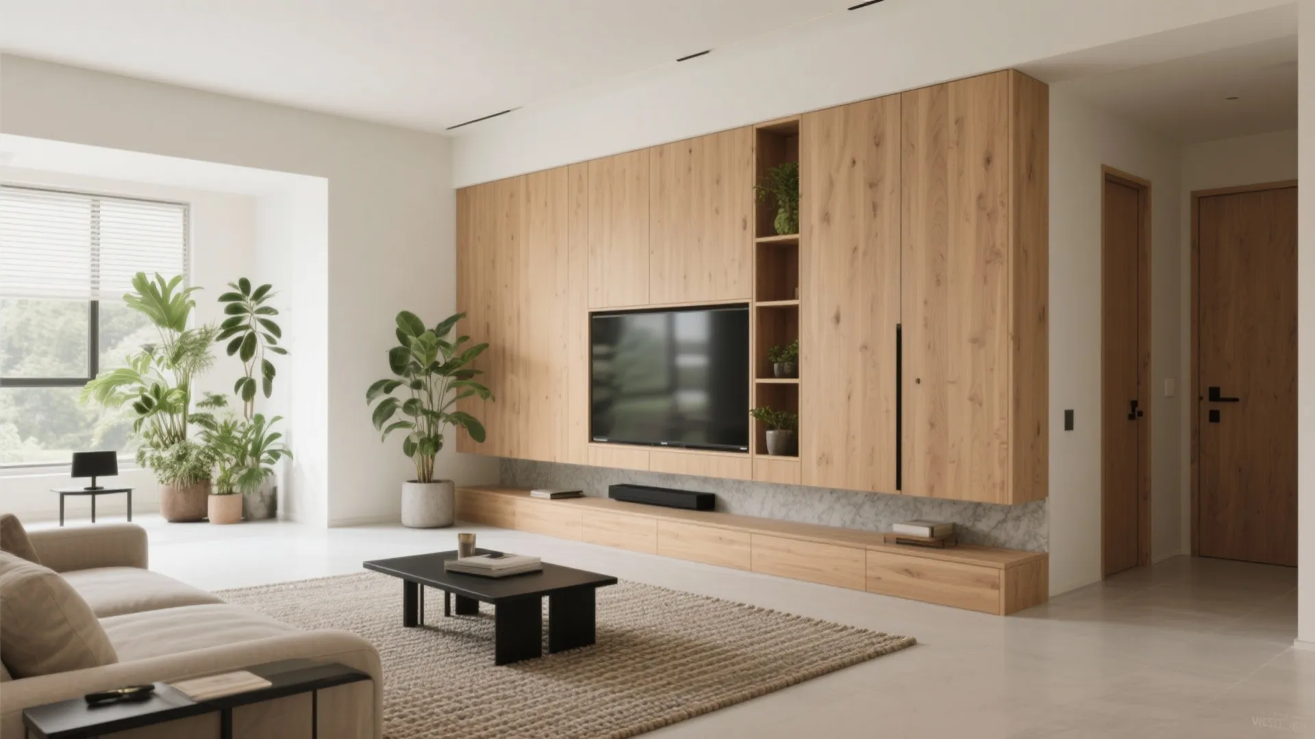 Storage walls, warm wood, and biophilic calm