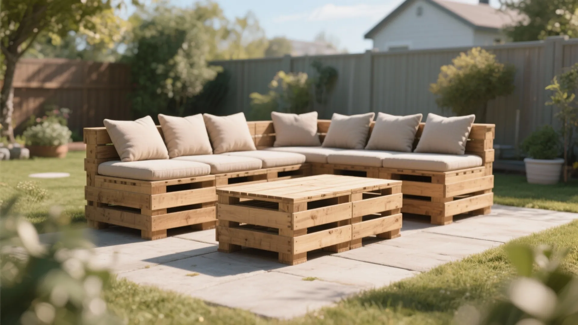 Outdoor wooden pallet sofa with beige cushions and a matching low coffee table in garden