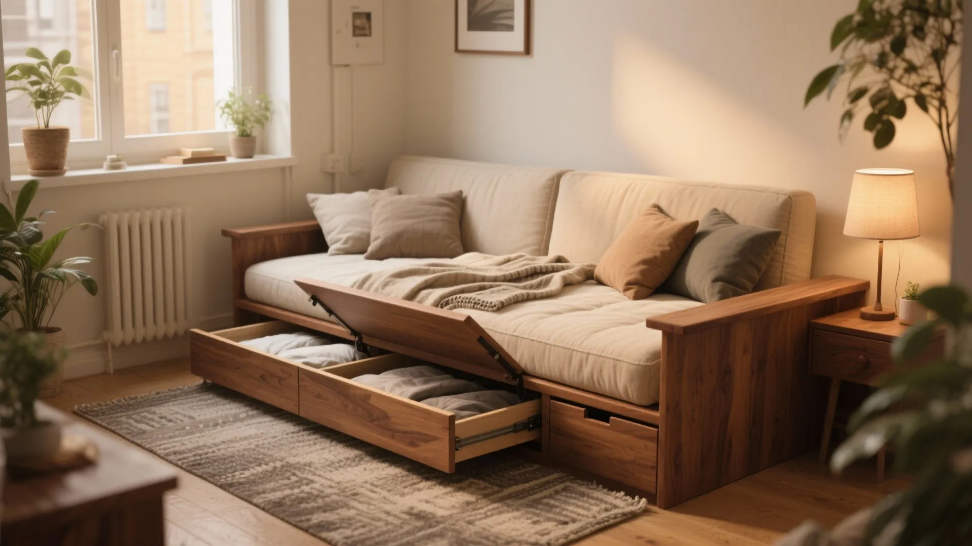 2. Low-profile wooden futon with hidden storage