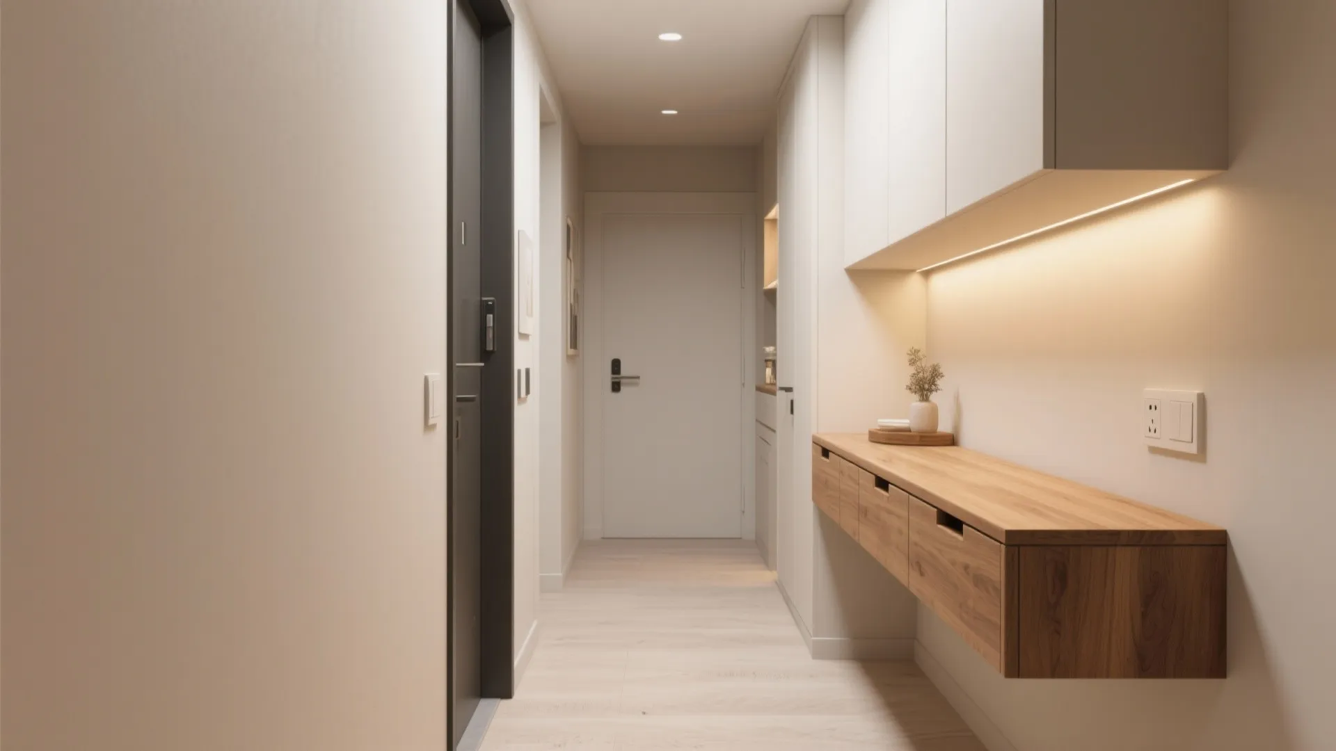 Built-In Storage Benches and Floating Consoles in Wood