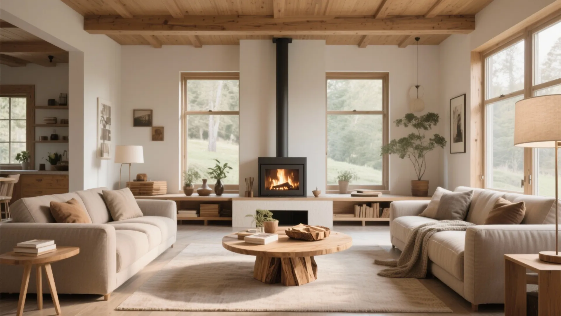 Modern minimal living room with white walls wood ceiling black stove and two beige fabric sofas