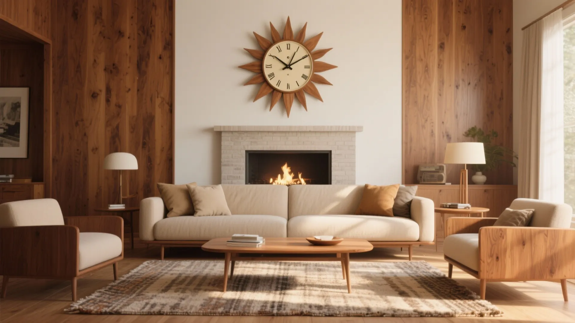 Warm mid-century living room with a wooden sunburst clock above the sofa.