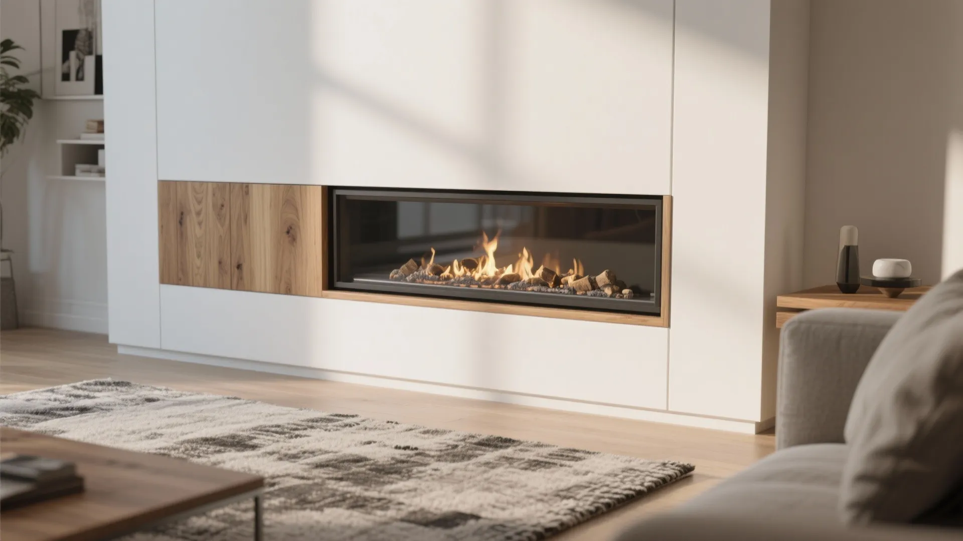 Modern electric fireplace with burning flames built into white wall with wooden panel and rug